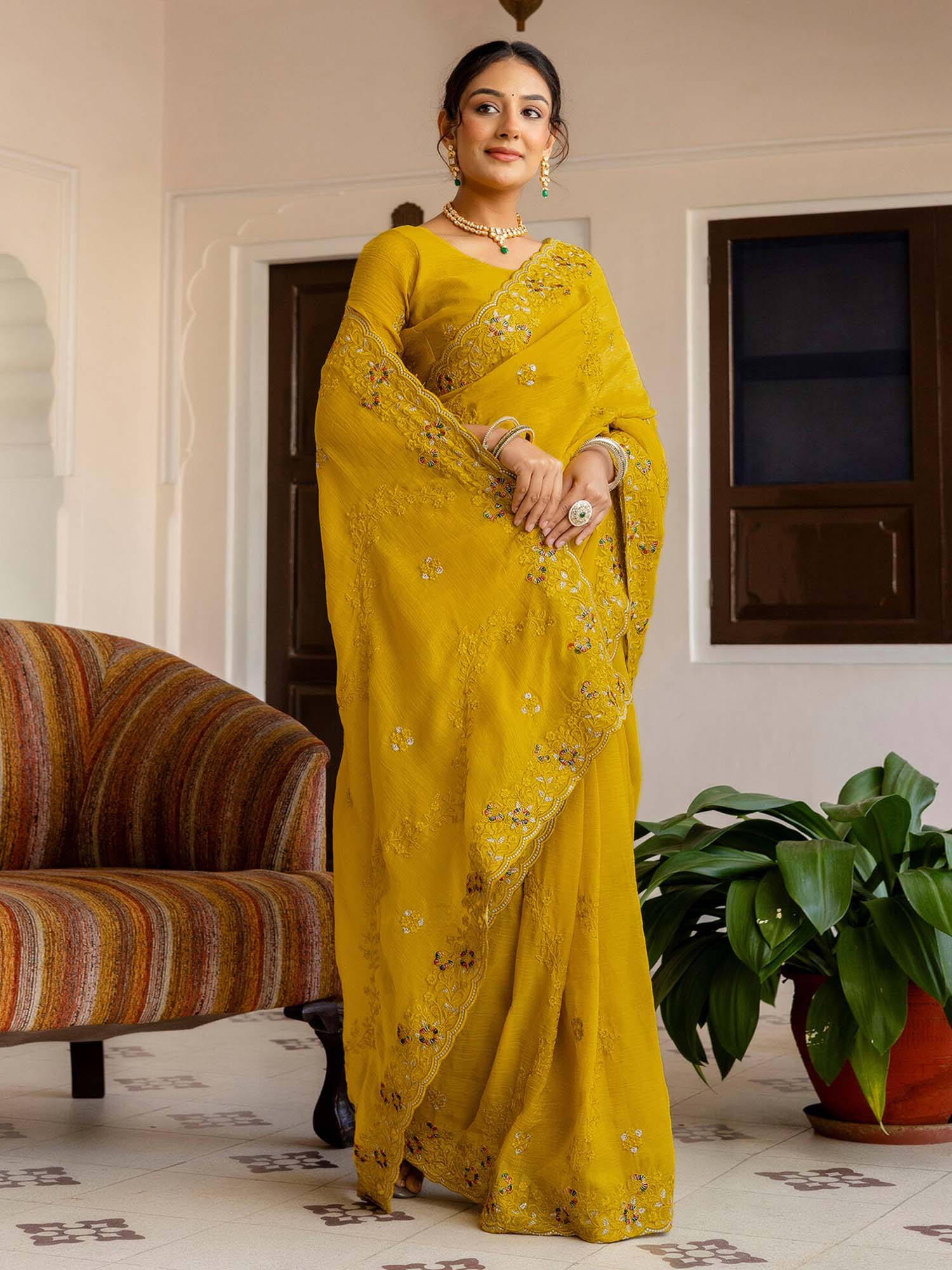 Yellow Embroidered Scalloped Border Chiffon Saree with Unstitched Blouse