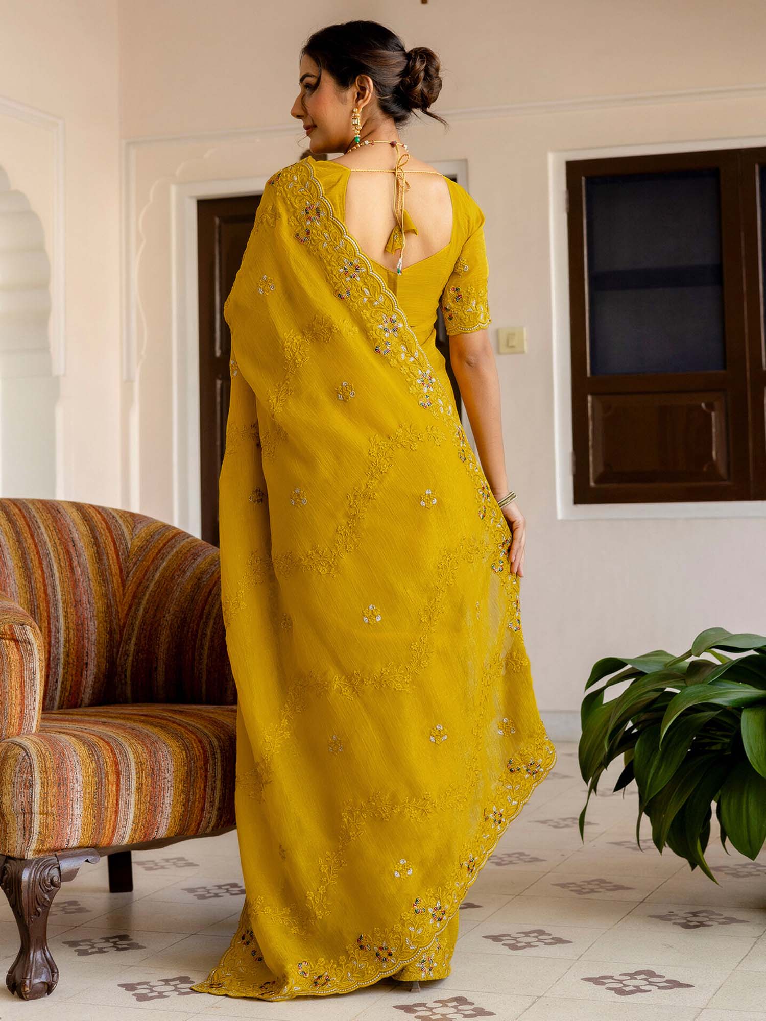 Yellow Embroidered Scalloped Border Chiffon Saree with Unstitched Blouse