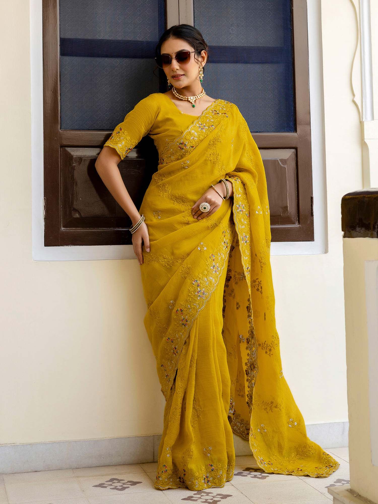 Yellow Embroidered Scalloped Border Chiffon Saree with Unstitched Blouse