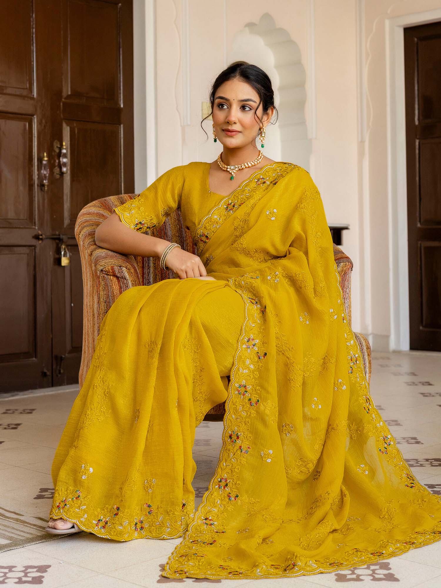 Yellow Embroidered Scalloped Border Chiffon Saree with Unstitched Blouse