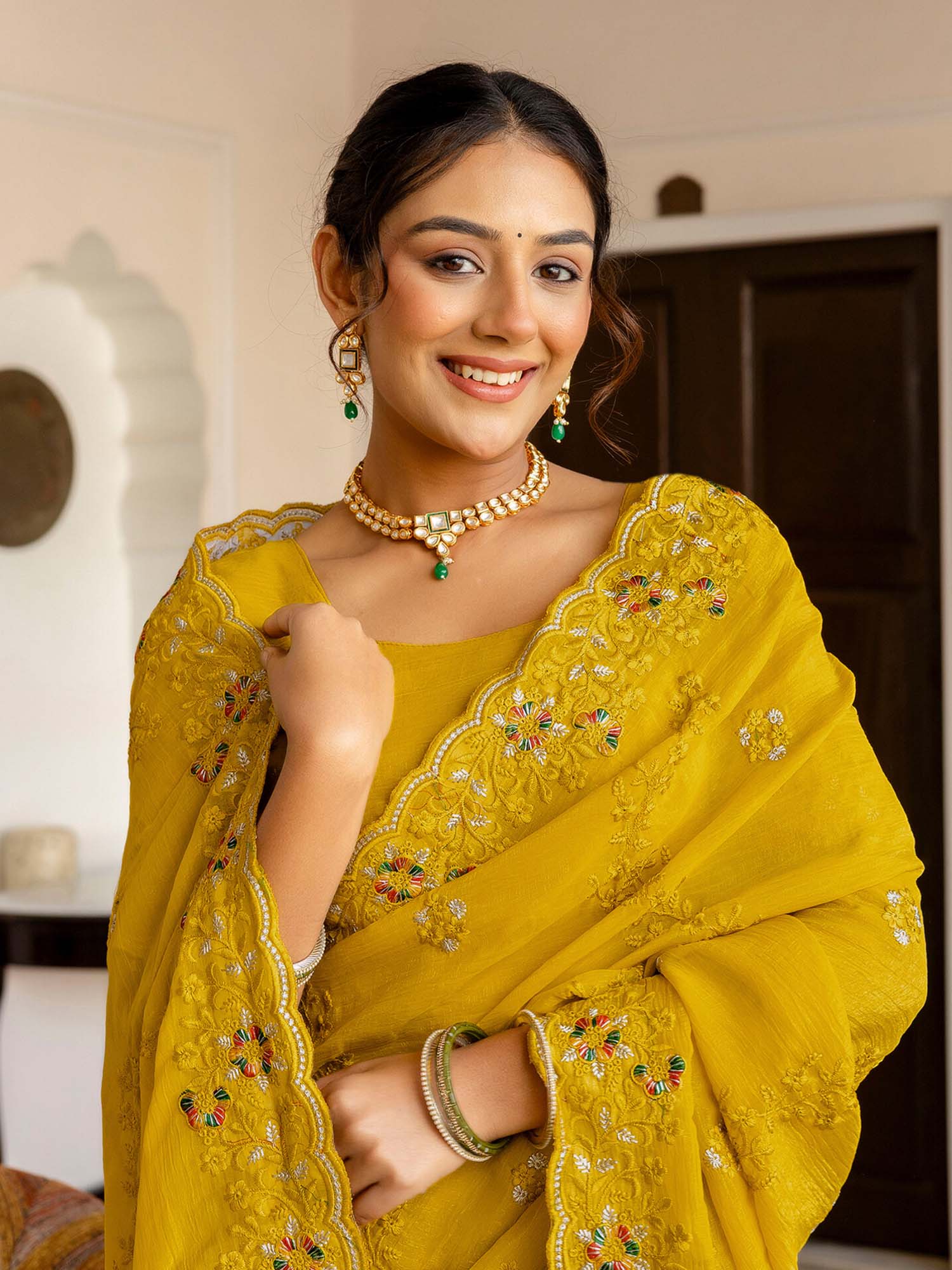 Yellow Embroidered Scalloped Border Chiffon Saree with Unstitched Blouse