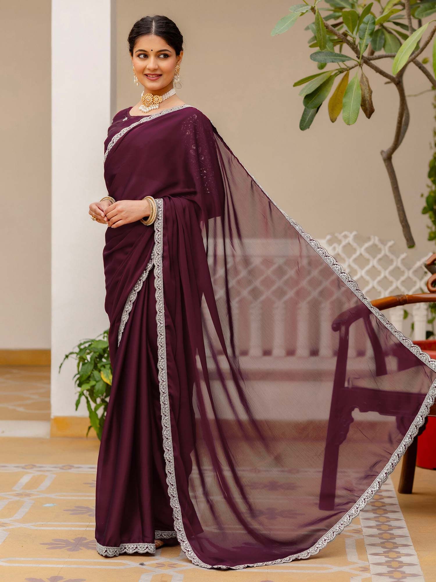 Maroon Embroidered Sequined Work Silk Saree with Unstitched Blouse