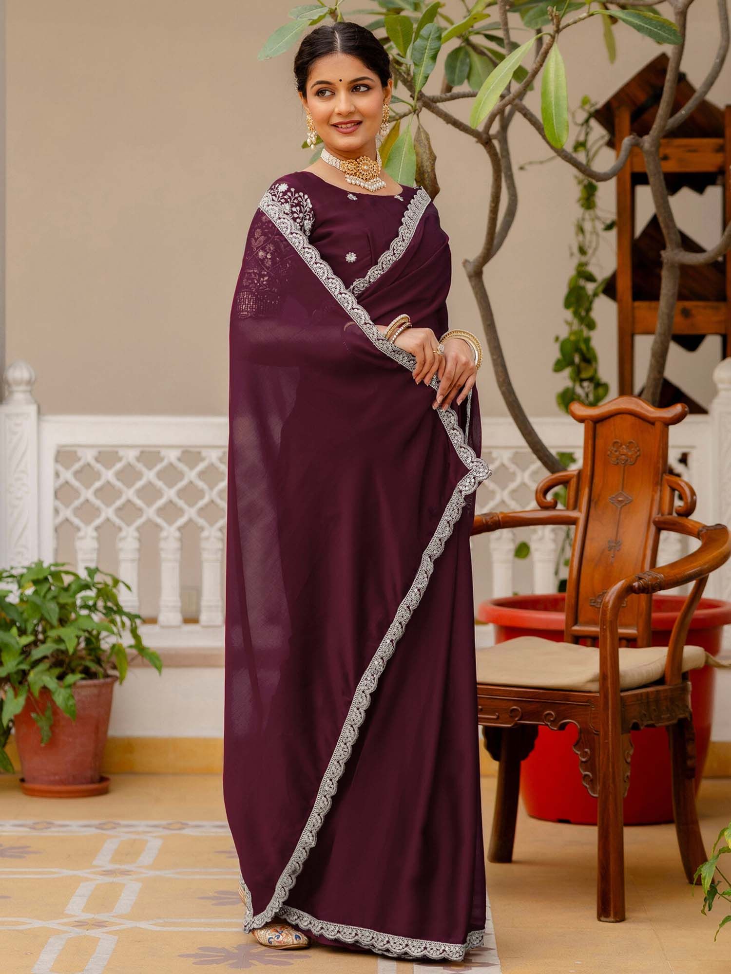 Maroon Embroidered Sequined Work Silk Saree with Unstitched Blouse