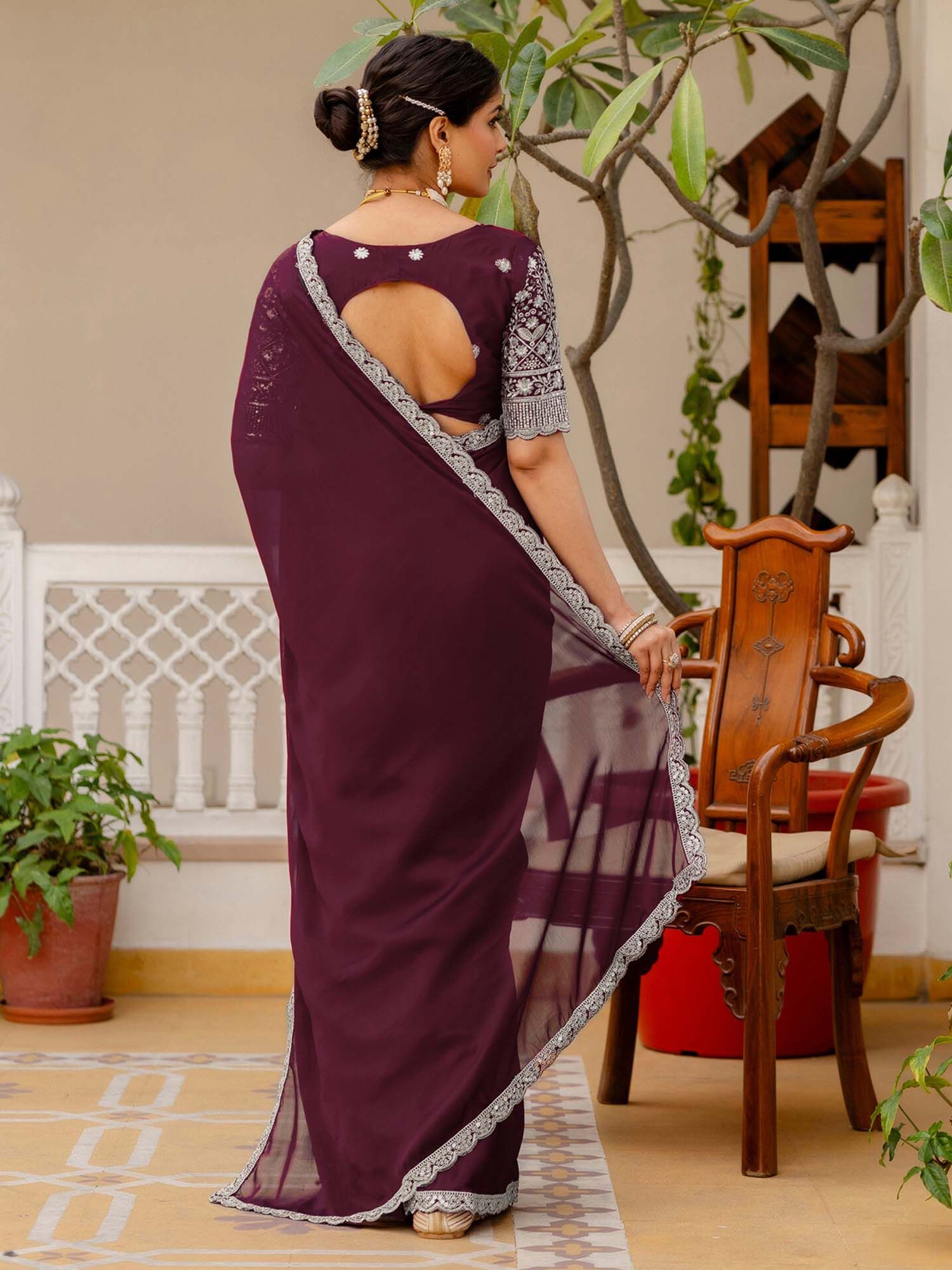 Maroon Embroidered Sequined Work Silk Saree with Unstitched Blouse