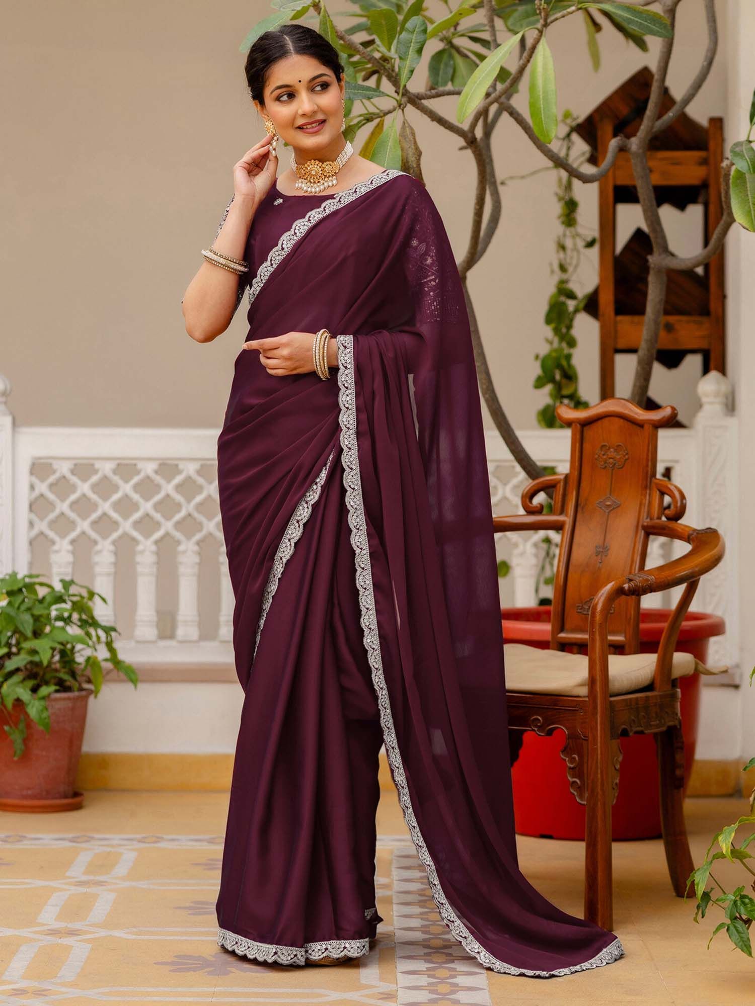 Maroon Embroidered Sequined Work Silk Saree with Unstitched Blouse