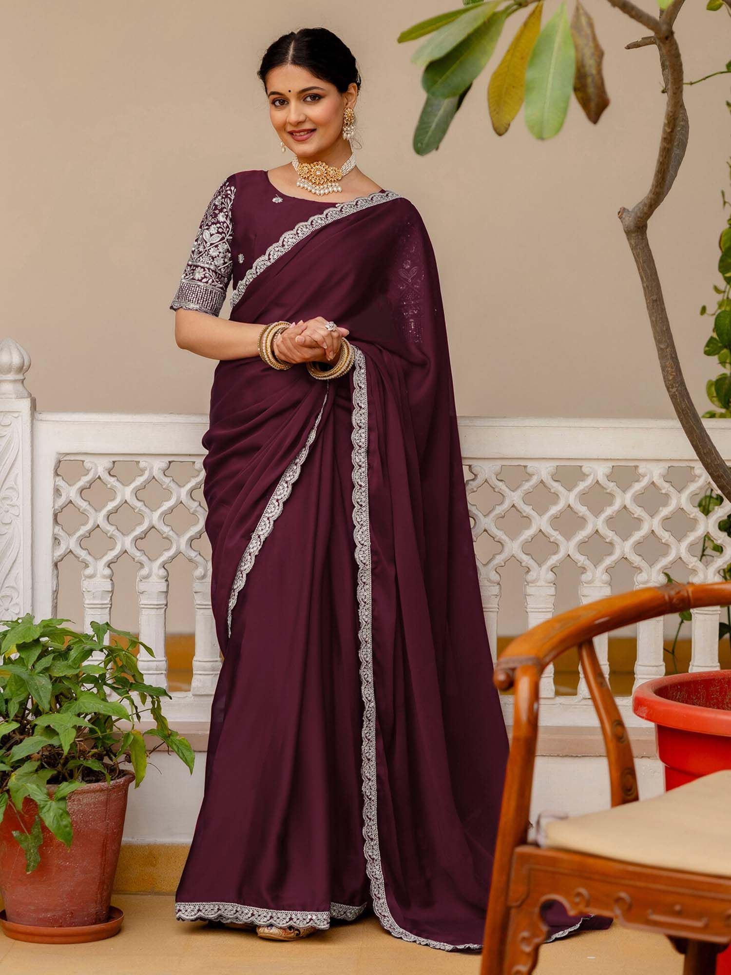 Maroon Embroidered Sequined Work Silk Saree with Unstitched Blouse