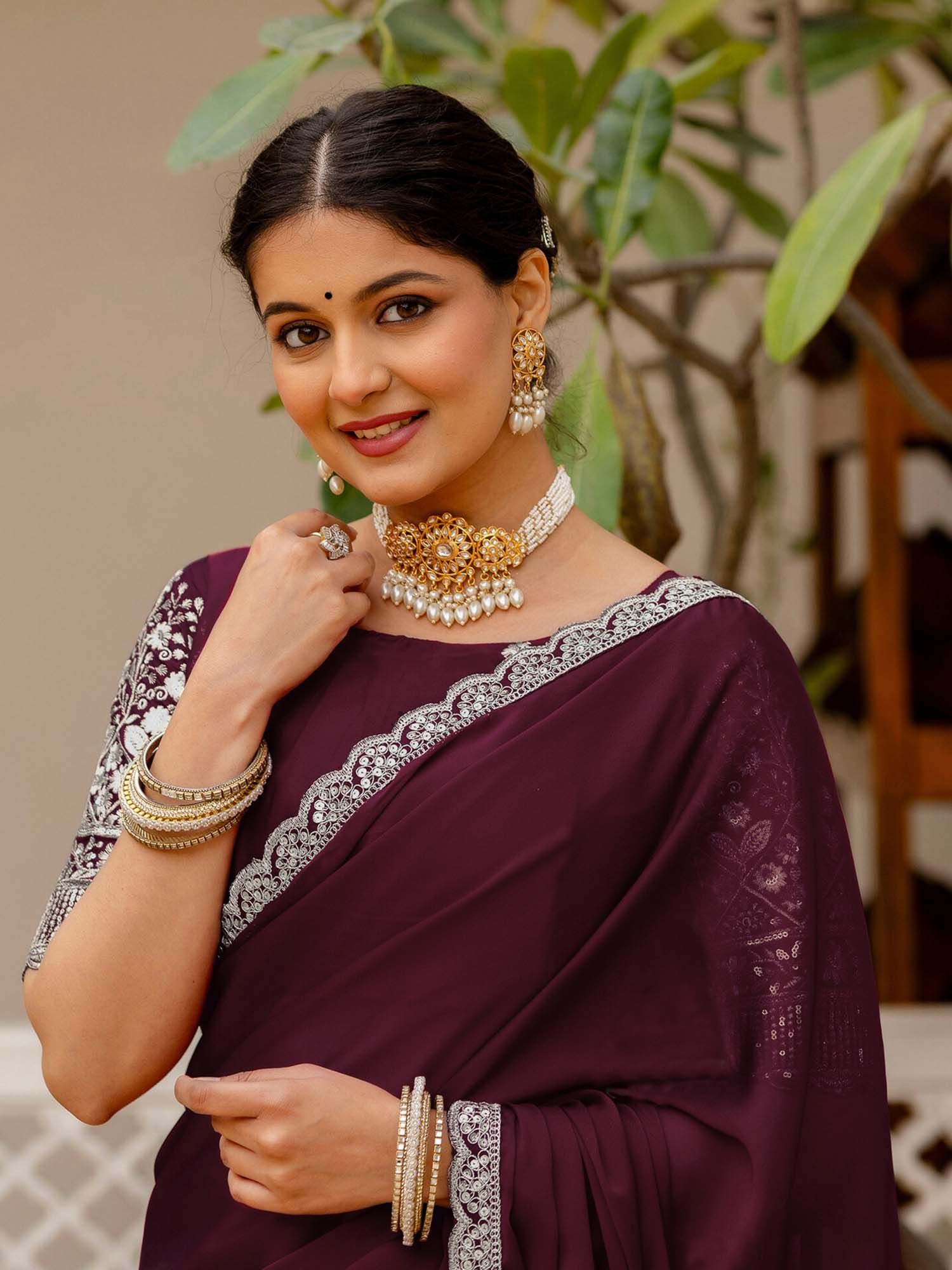Maroon Embroidered Sequined Work Silk Saree with Unstitched Blouse