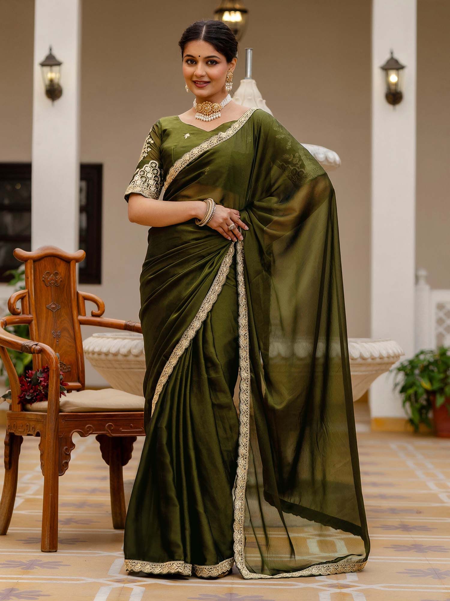 Olive Mehndi Embroidered Lace Work Silk Saree with Unstitched Blouse