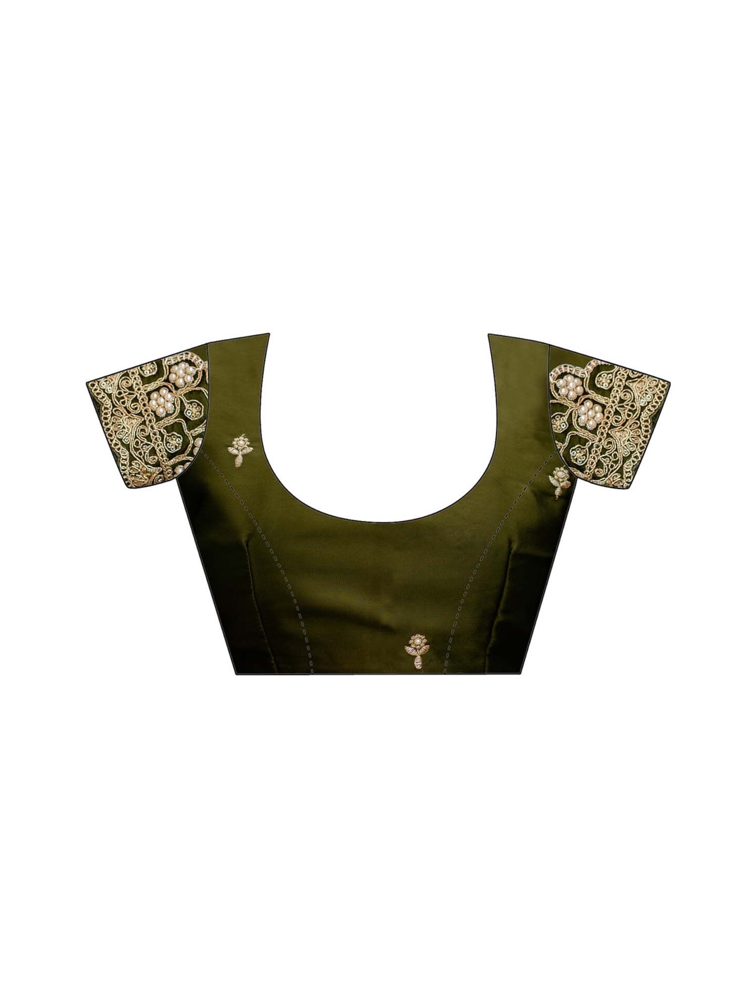Olive Mehndi Embroidered Lace Work Silk Saree with Unstitched Blouse