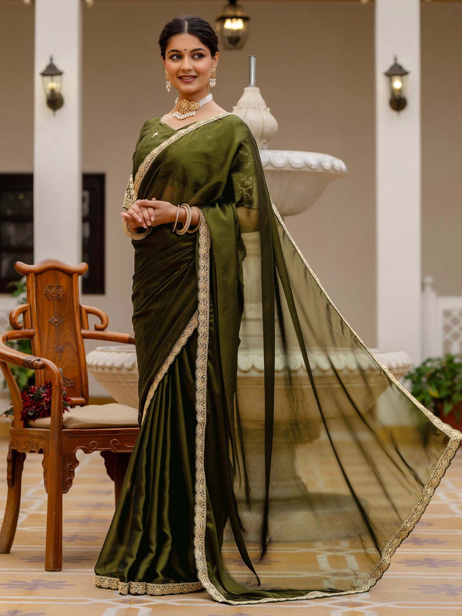 Olive Mehndi Embroidered Lace Work Silk Saree with Unstitched Blouse