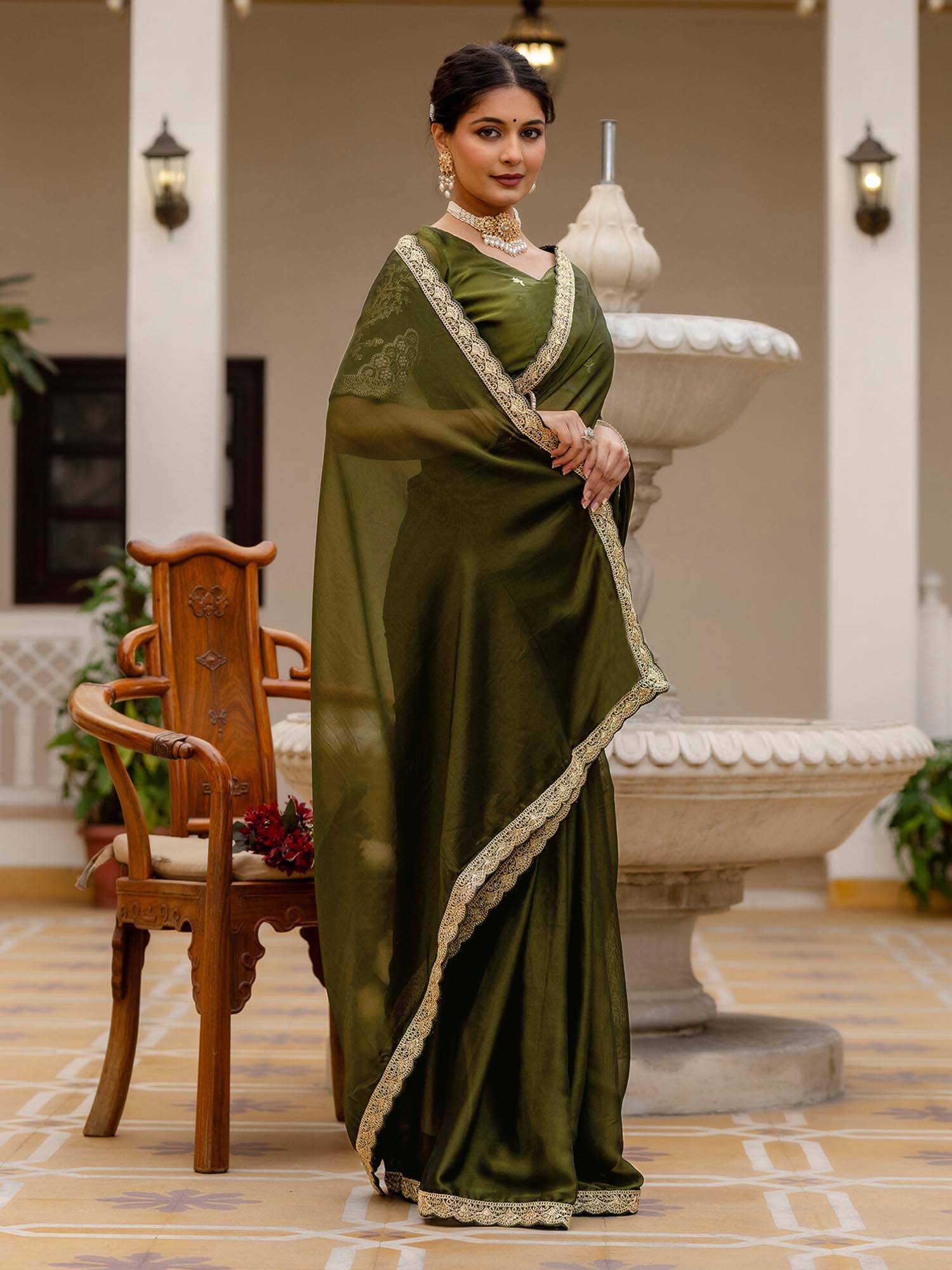 Olive Mehndi Embroidered Lace Work Silk Saree with Unstitched Blouse