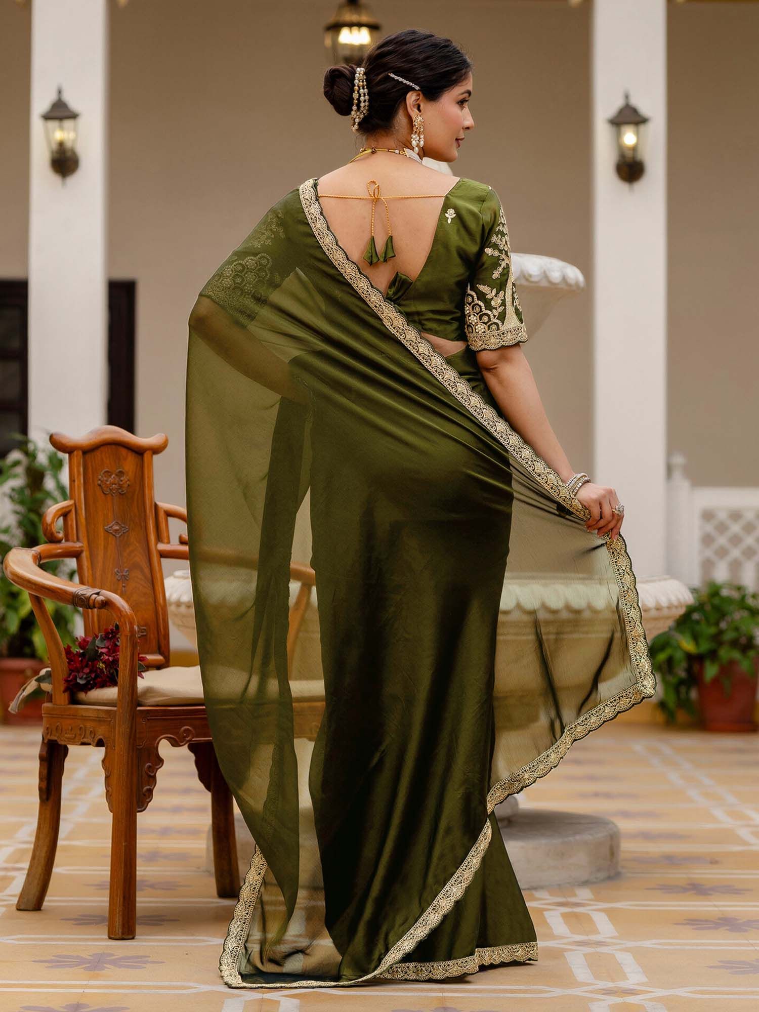 Olive Mehndi Embroidered Lace Work Silk Saree with Unstitched Blouse