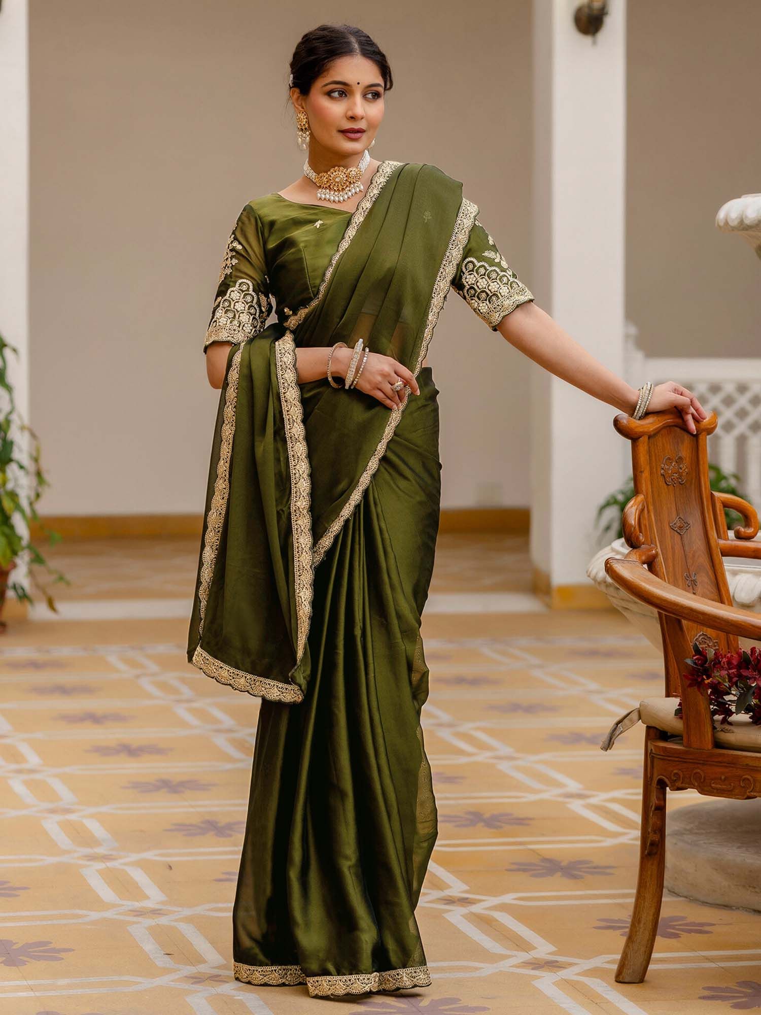 Olive Mehndi Embroidered Lace Work Silk Saree with Unstitched Blouse