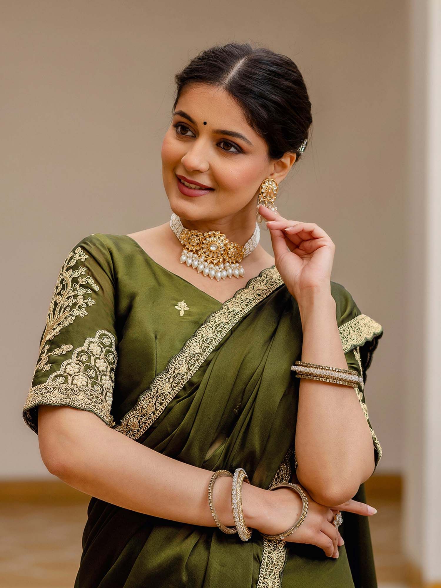 Olive Mehndi Embroidered Lace Work Silk Saree with Unstitched Blouse