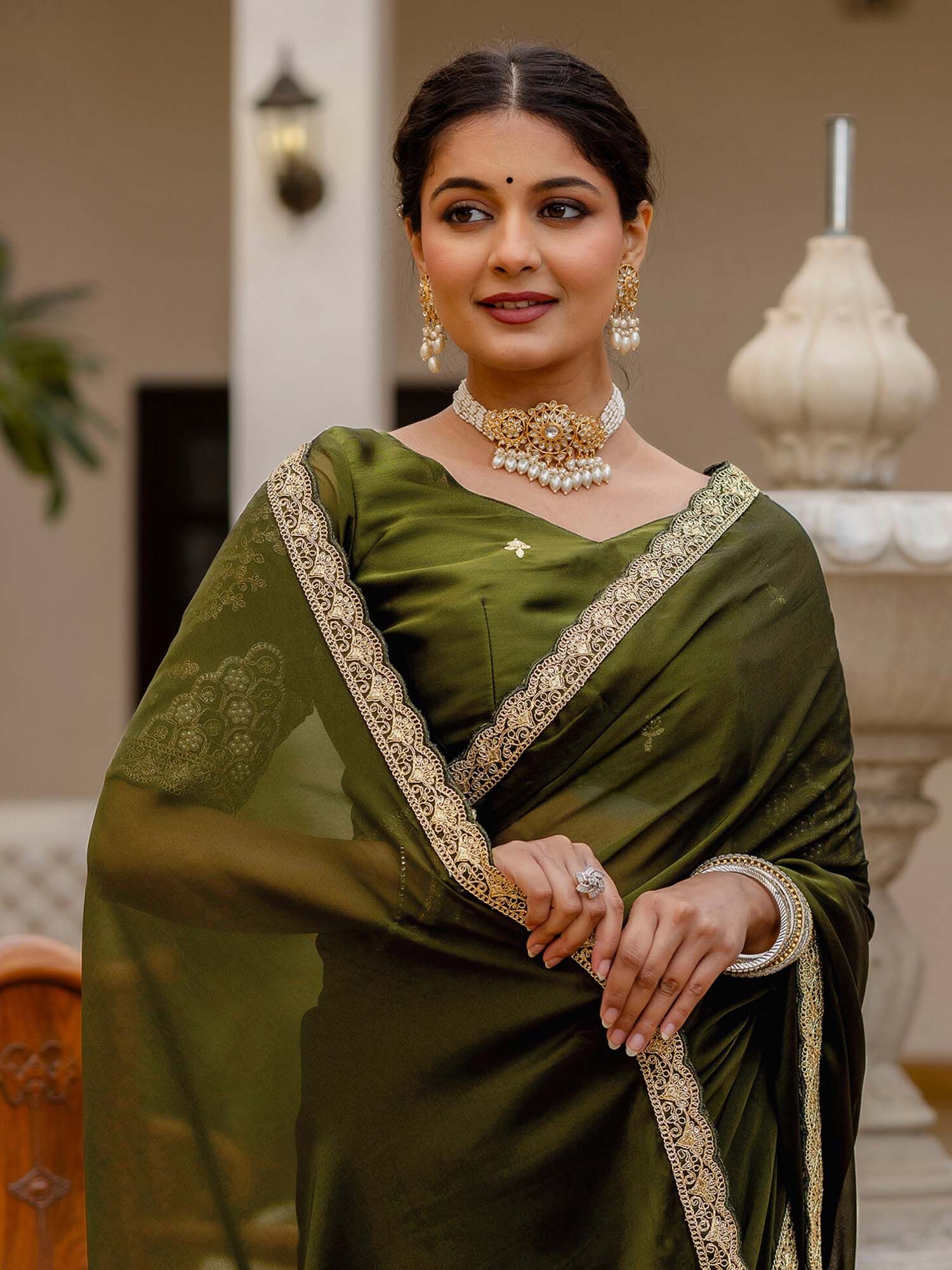 Olive Mehndi Embroidered Lace Work Silk Saree with Unstitched Blouse