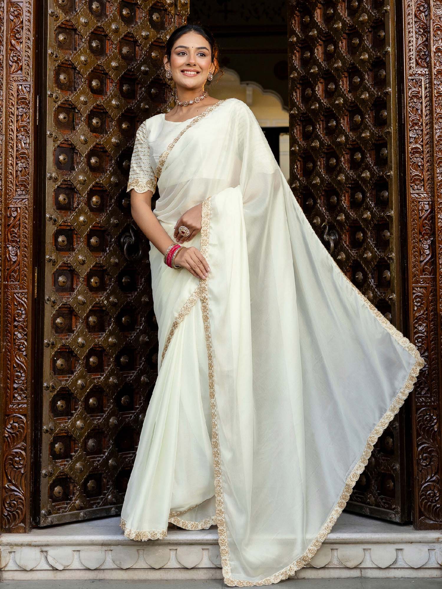 Off White Embellished Sequined Silk Saree with Unstitched Blouse