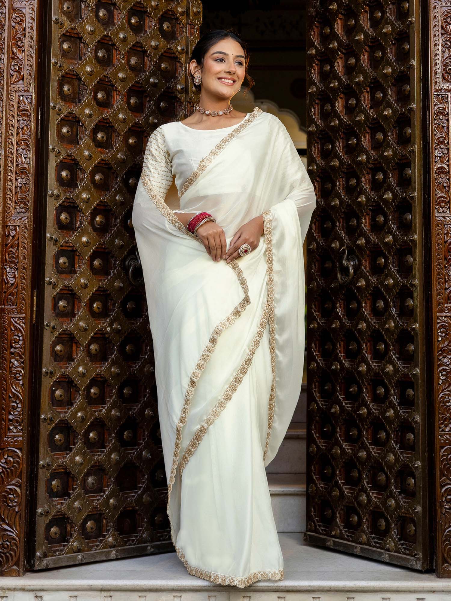 Off White Embellished Sequined Silk Saree with Unstitched Blouse