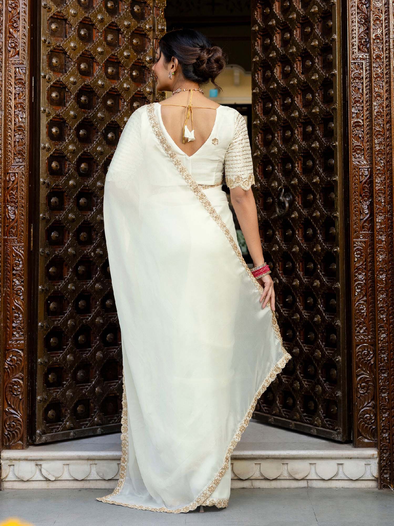 Off White Embellished Sequined Silk Saree with Unstitched Blouse