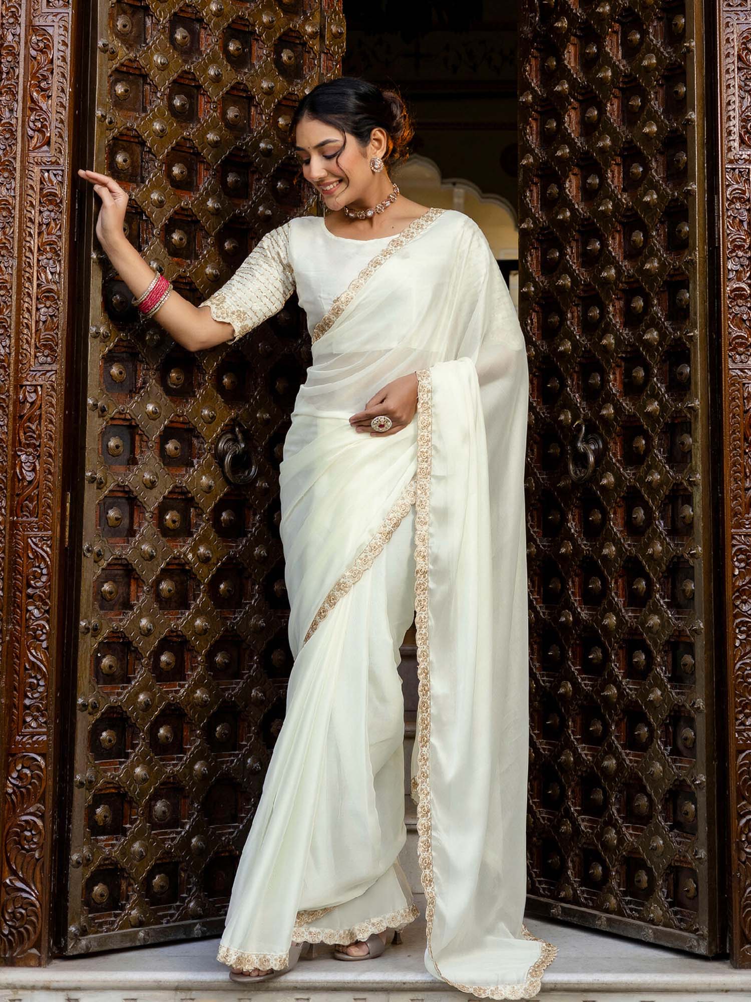 Off White Embellished Sequined Silk Saree with Unstitched Blouse