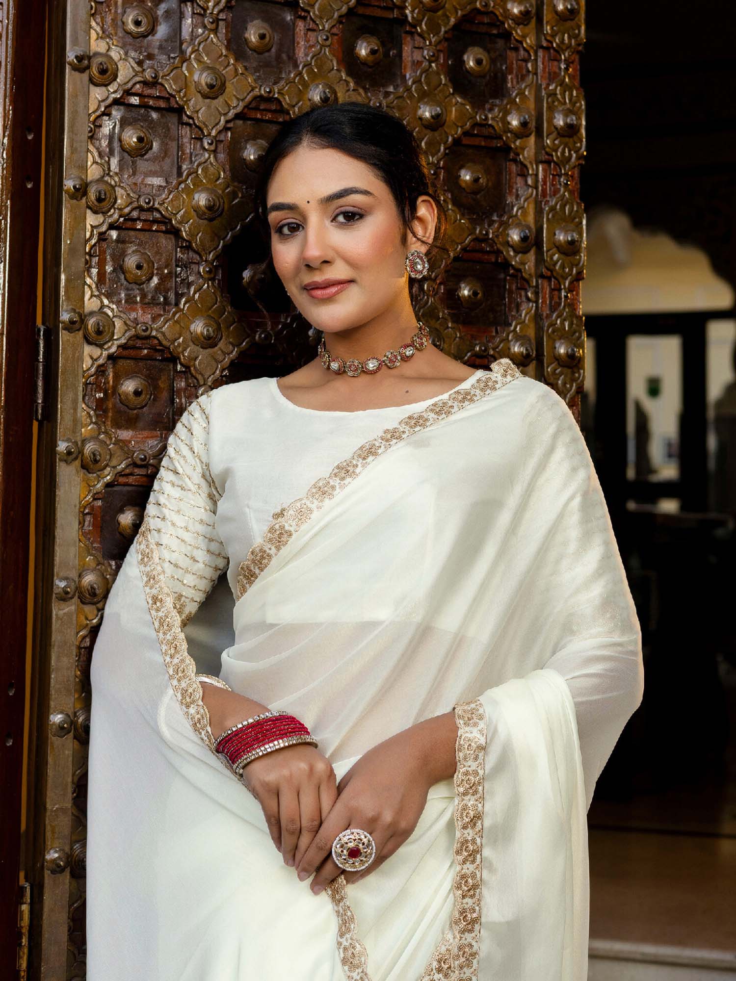 Off White Embellished Sequined Silk Saree with Unstitched Blouse