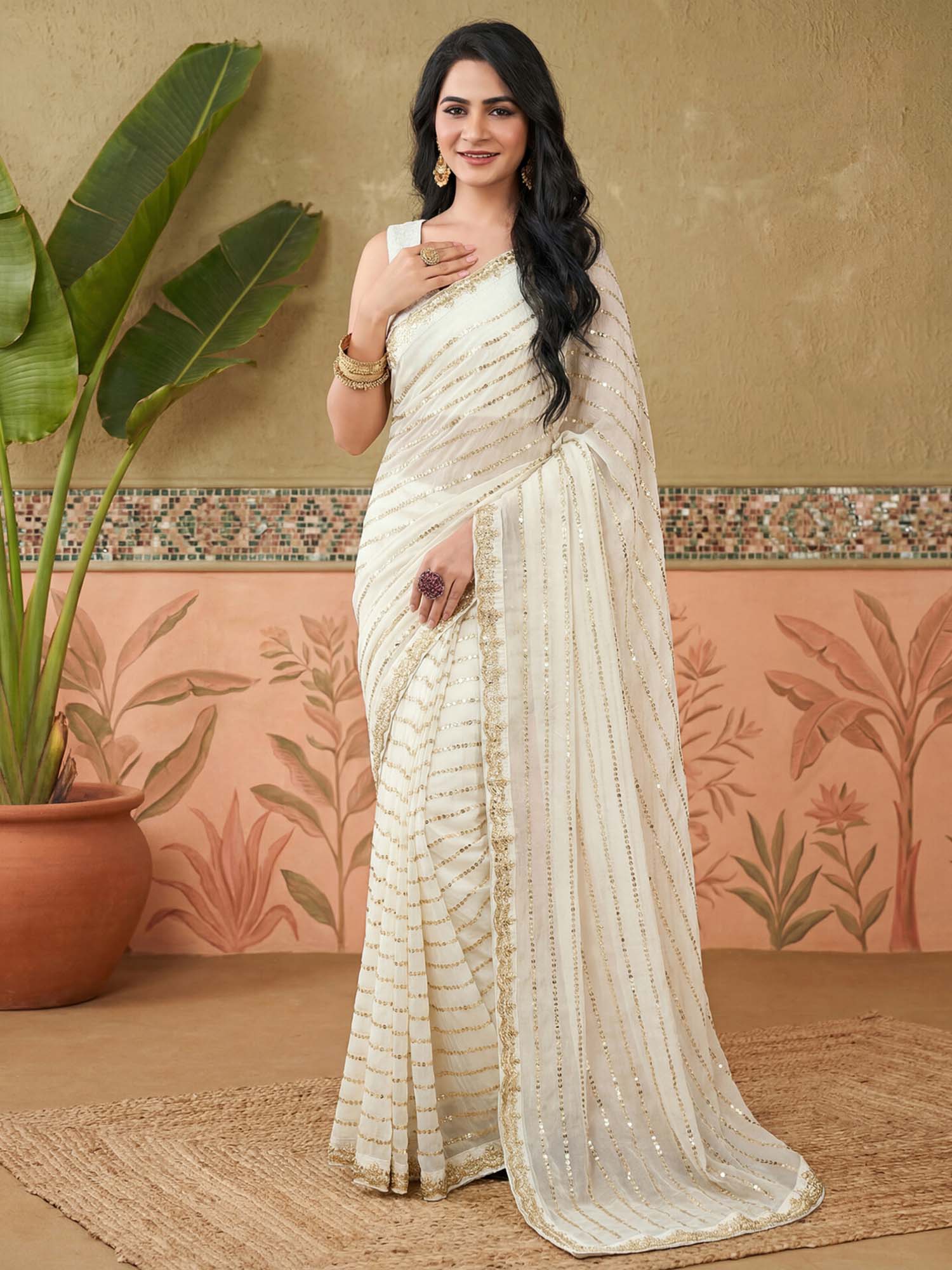 Off White Embellished Sequined Work Georgette Saree with Unstitched Blouse