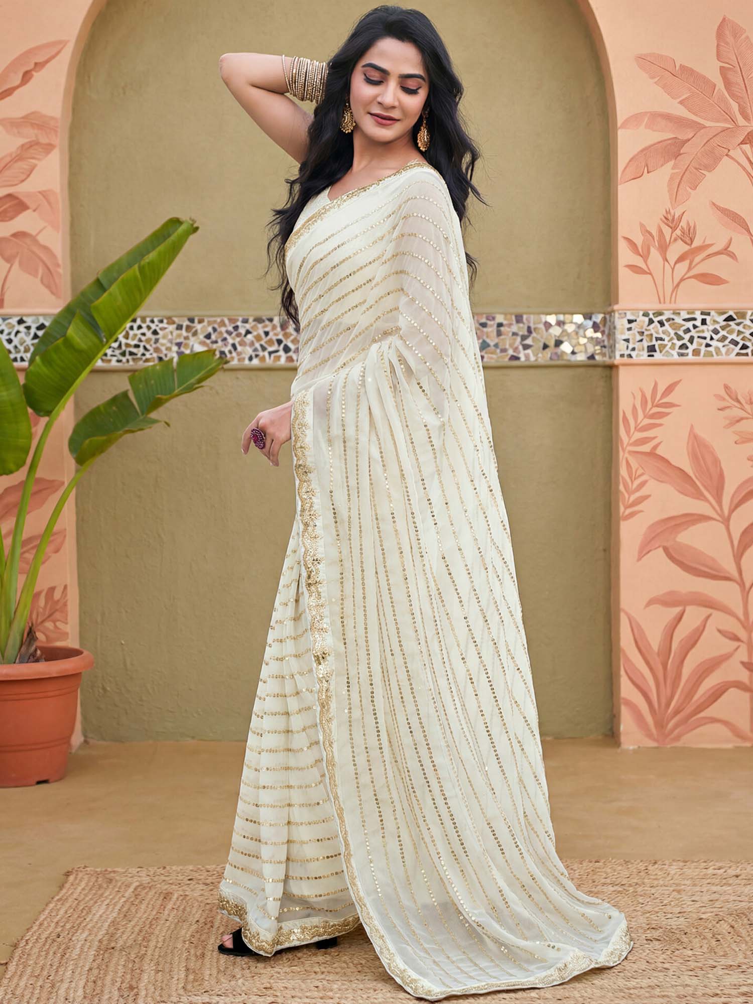 Off White Embellished Sequined Work Georgette Saree with Unstitched Blouse