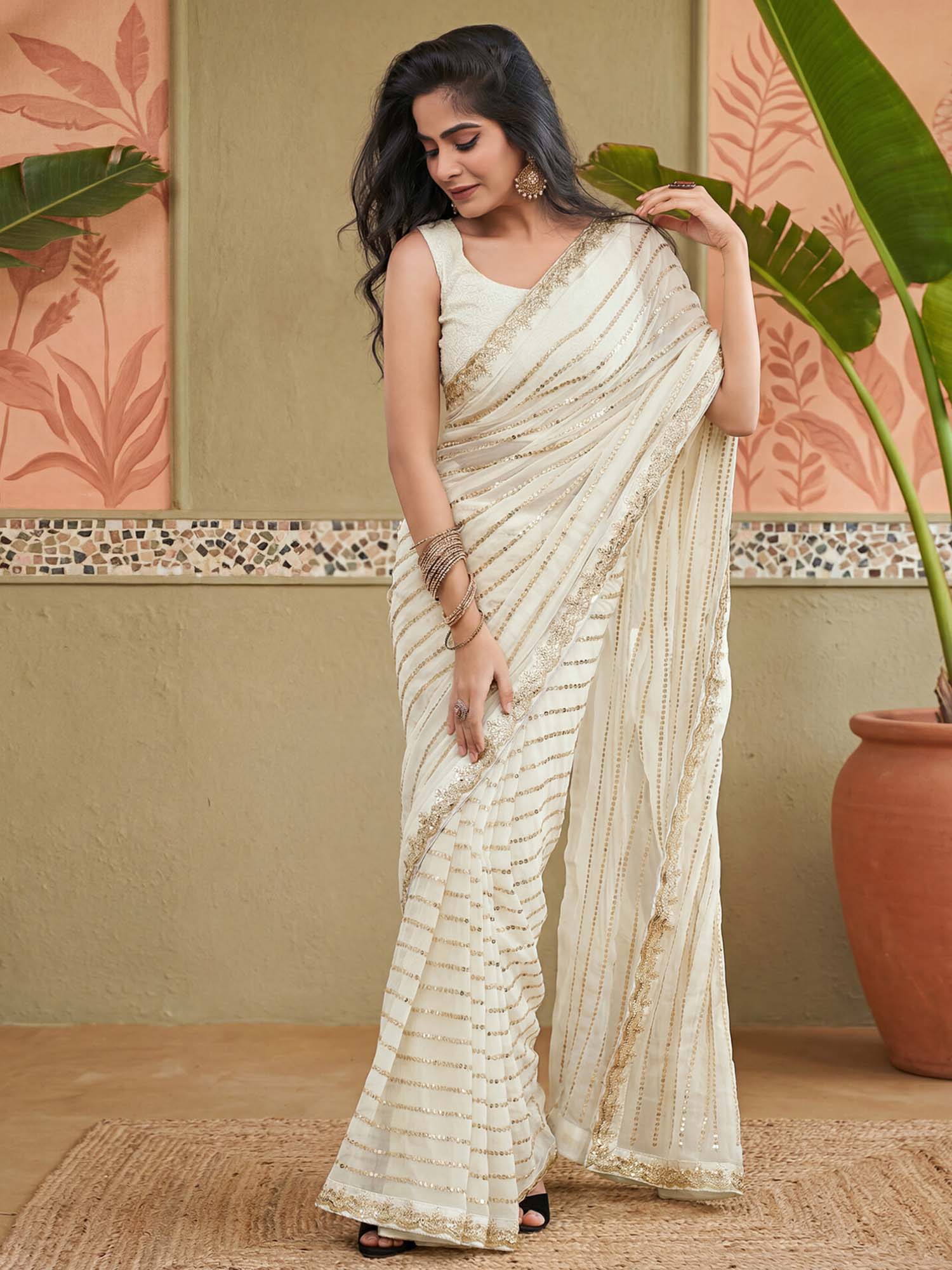 Off White Embellished Sequined Work Georgette Saree with Unstitched Blouse