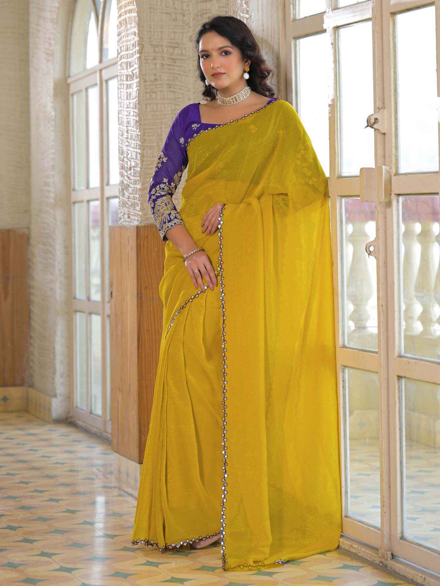 Yellow Solid Gota Work Shimmer Chiffon Saree with Unstitched Blouse