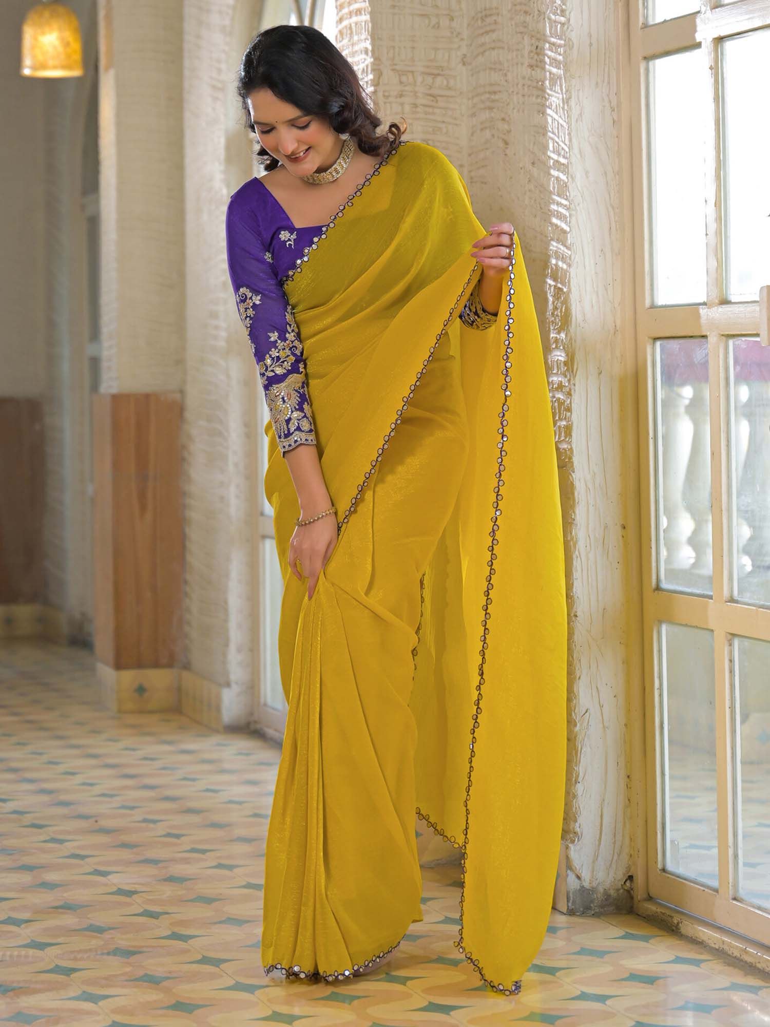 Yellow Solid Gota Work Shimmer Chiffon Saree with Unstitched Blouse
