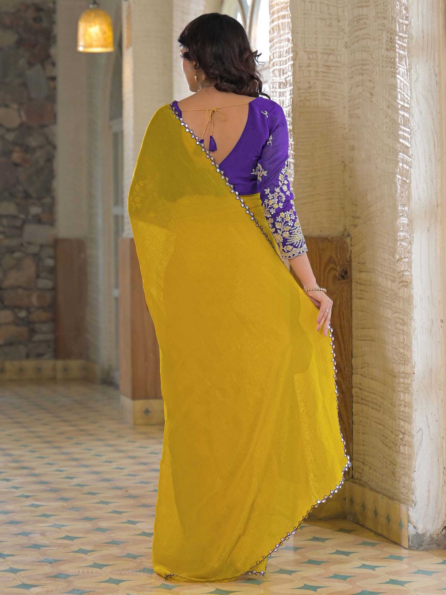 Yellow Solid Gota Work Shimmer Chiffon Saree with Unstitched Blouse