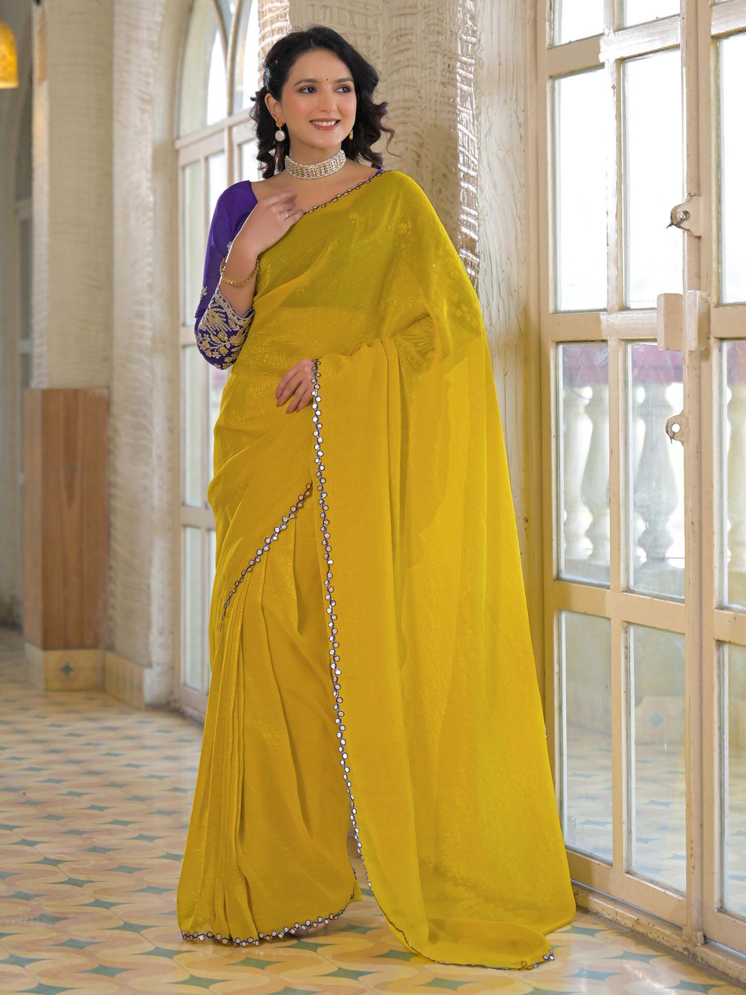 Yellow Solid Gota Work Shimmer Chiffon Saree with Unstitched Blouse