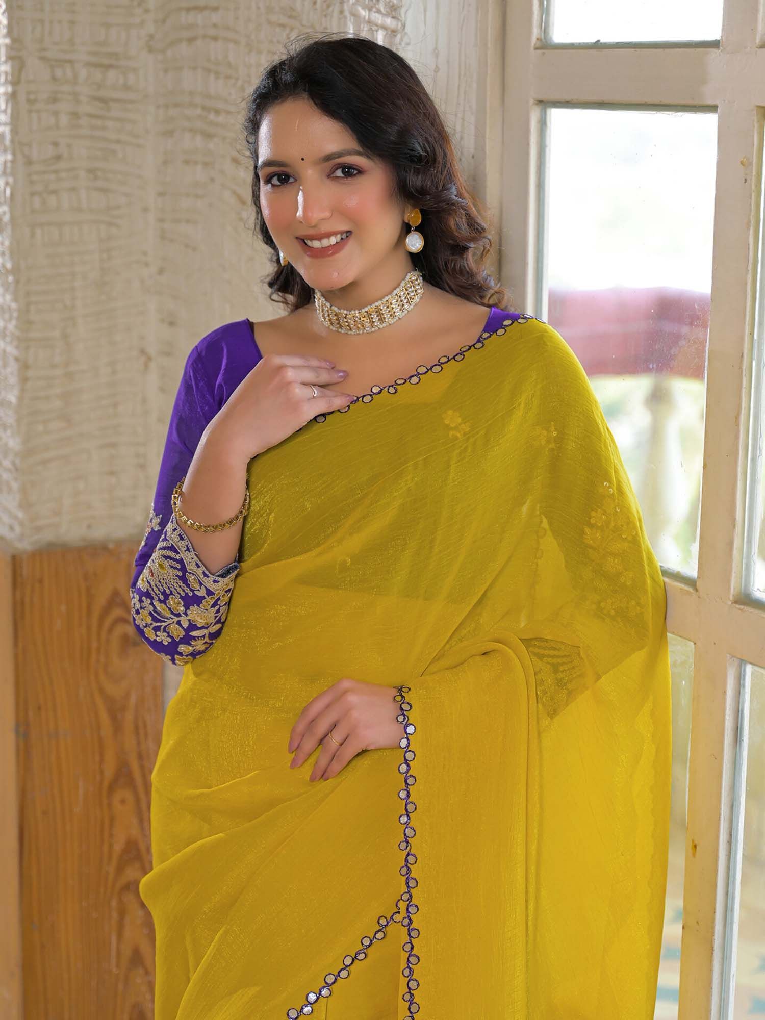 Yellow Solid Gota Work Shimmer Chiffon Saree with Unstitched Blouse