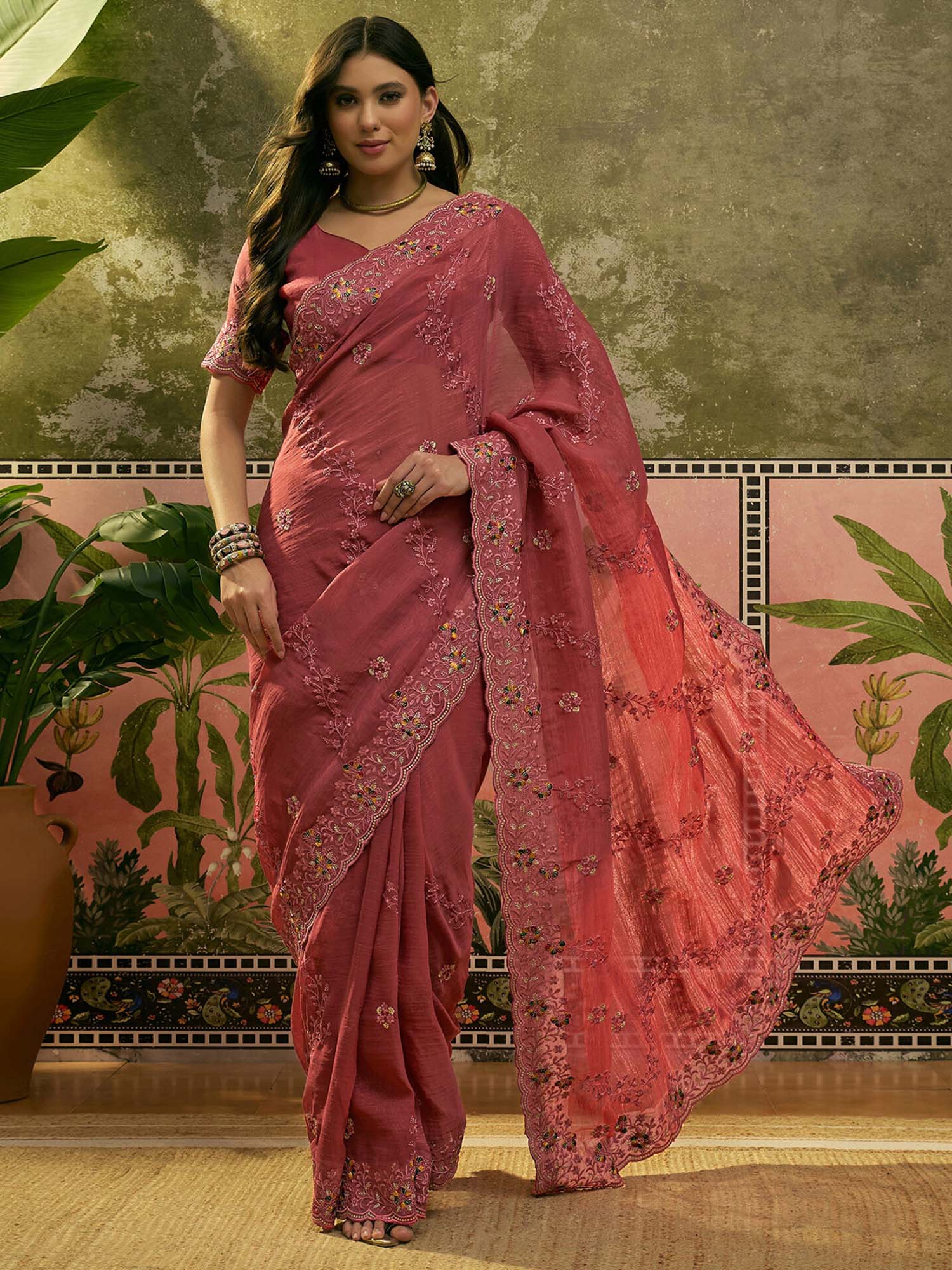 Dusty Rose Pink Embroidered Chiffon Saree with Unstitched Blouse