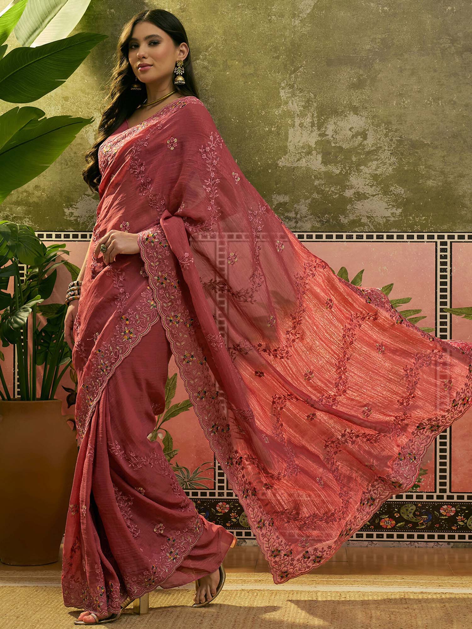 Dusty Rose Pink Embroidered Chiffon Saree with Unstitched Blouse