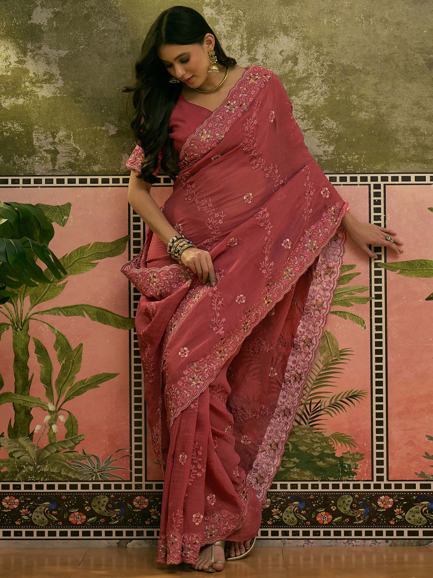 Dusty Rose Pink Embroidered Chiffon Saree with Unstitched Blouse