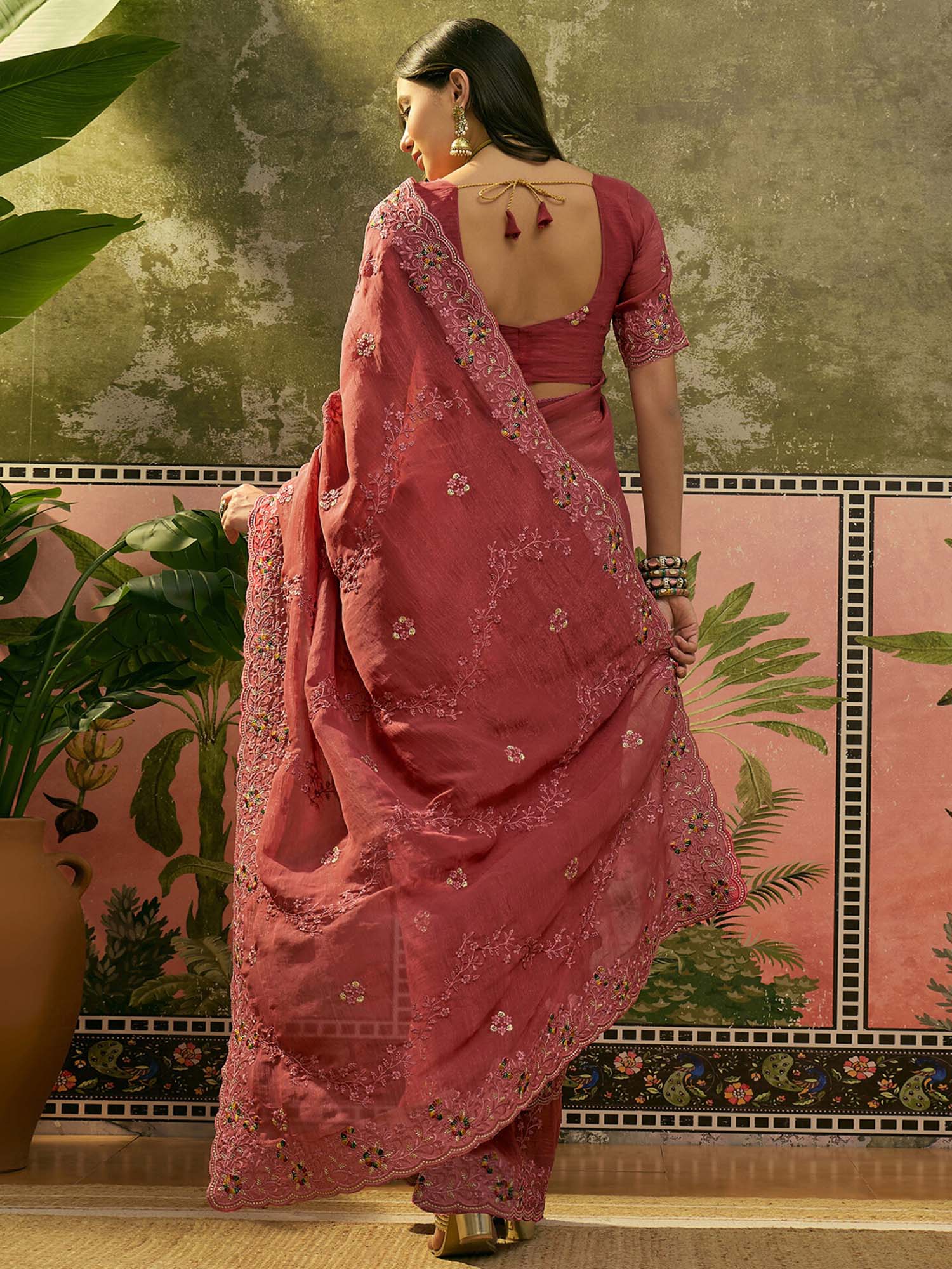 Dusty Rose Pink Embroidered Chiffon Saree with Unstitched Blouse