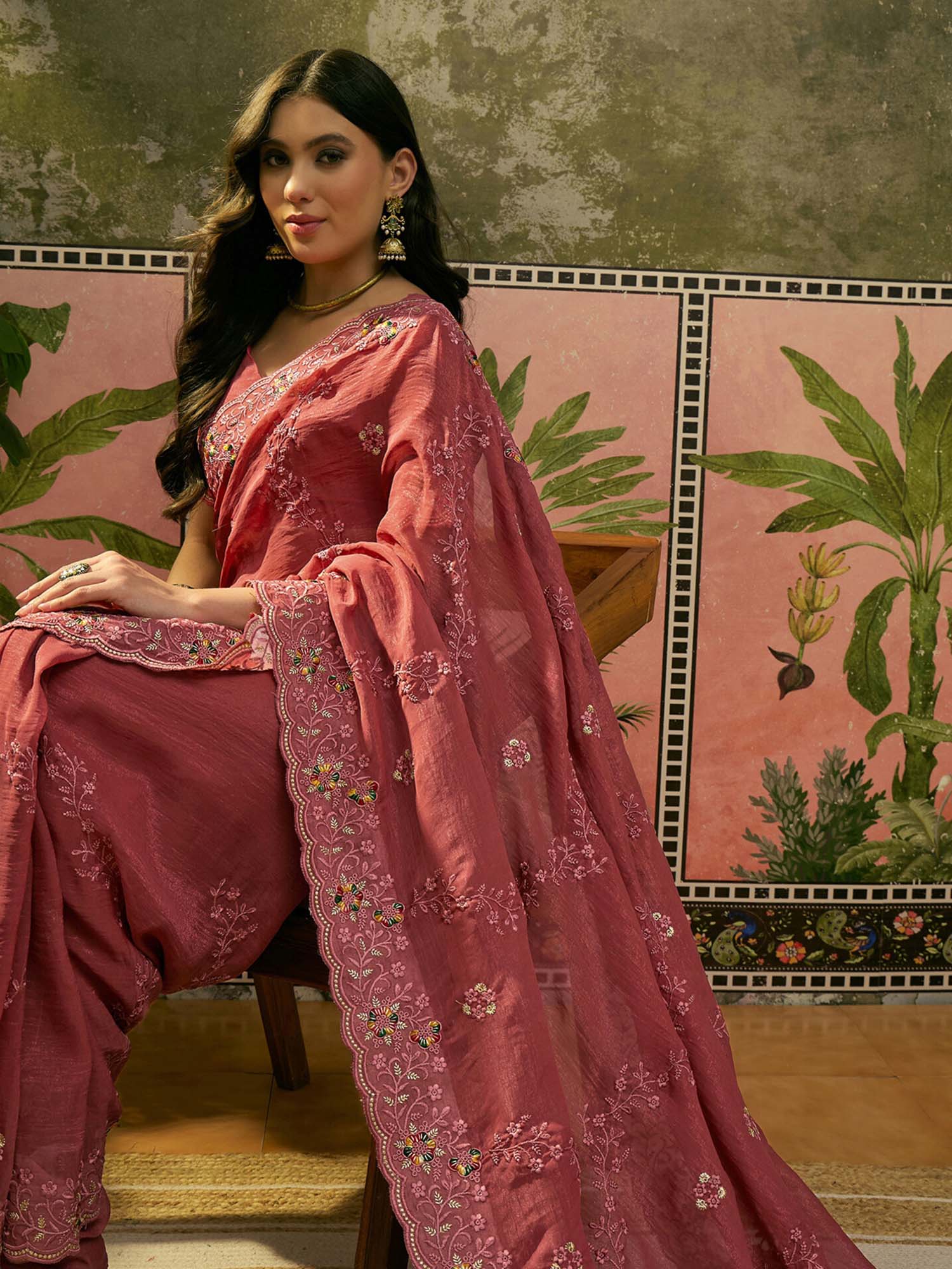 Dusty Rose Pink Embroidered Chiffon Saree with Unstitched Blouse