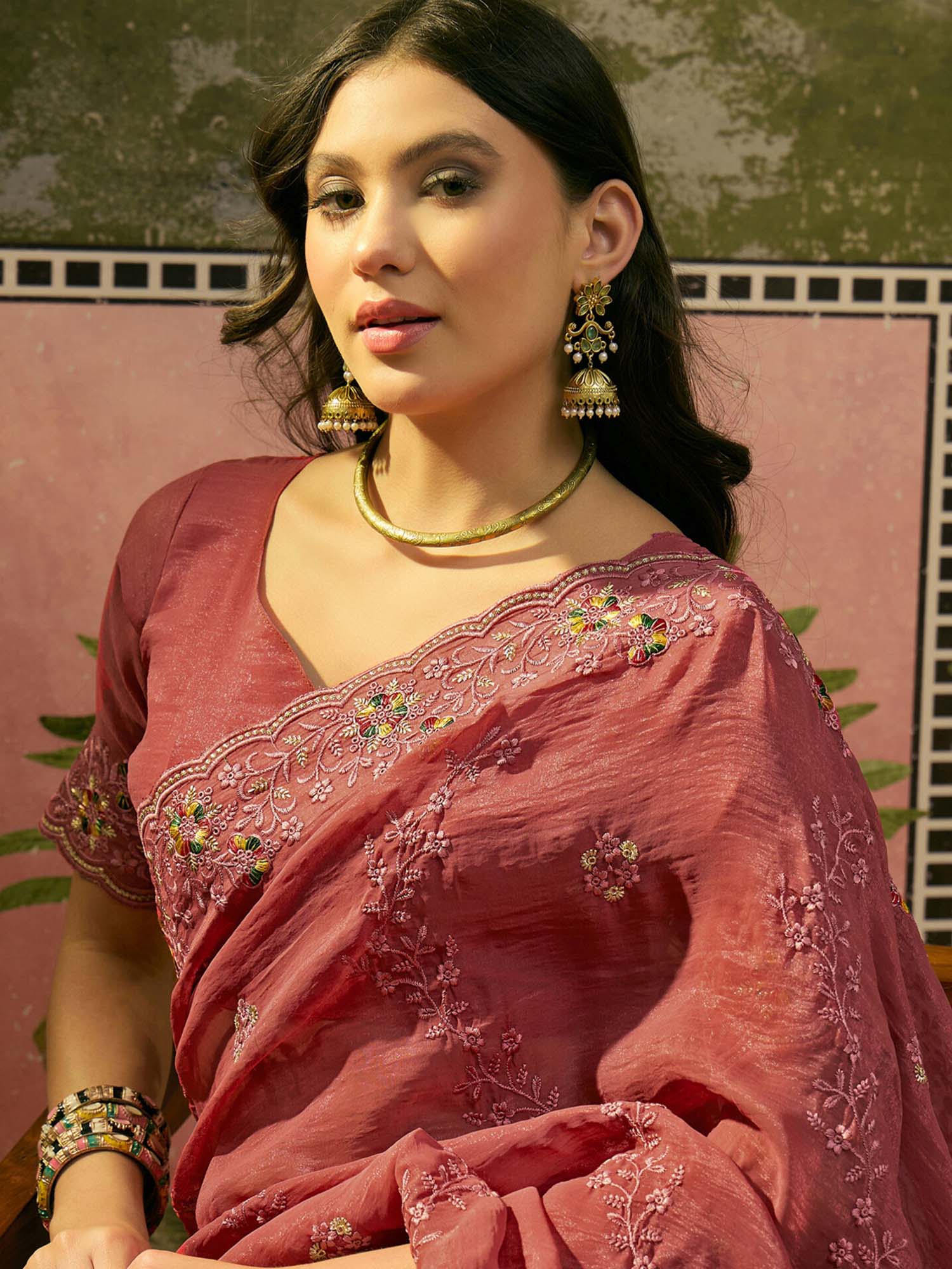 Dusty Rose Pink Embroidered Chiffon Saree with Unstitched Blouse