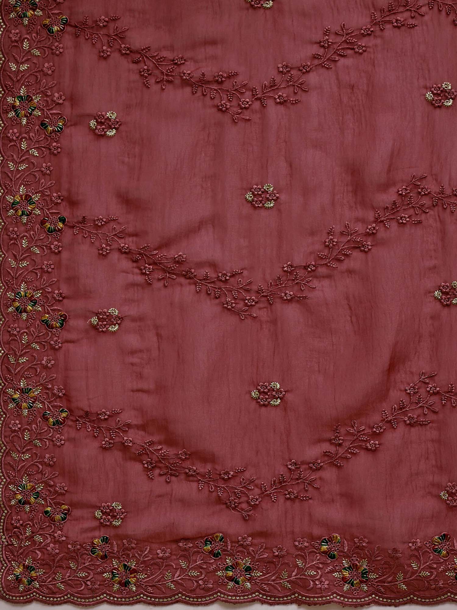 Dusty Rose Pink Embroidered Chiffon Saree with Unstitched Blouse