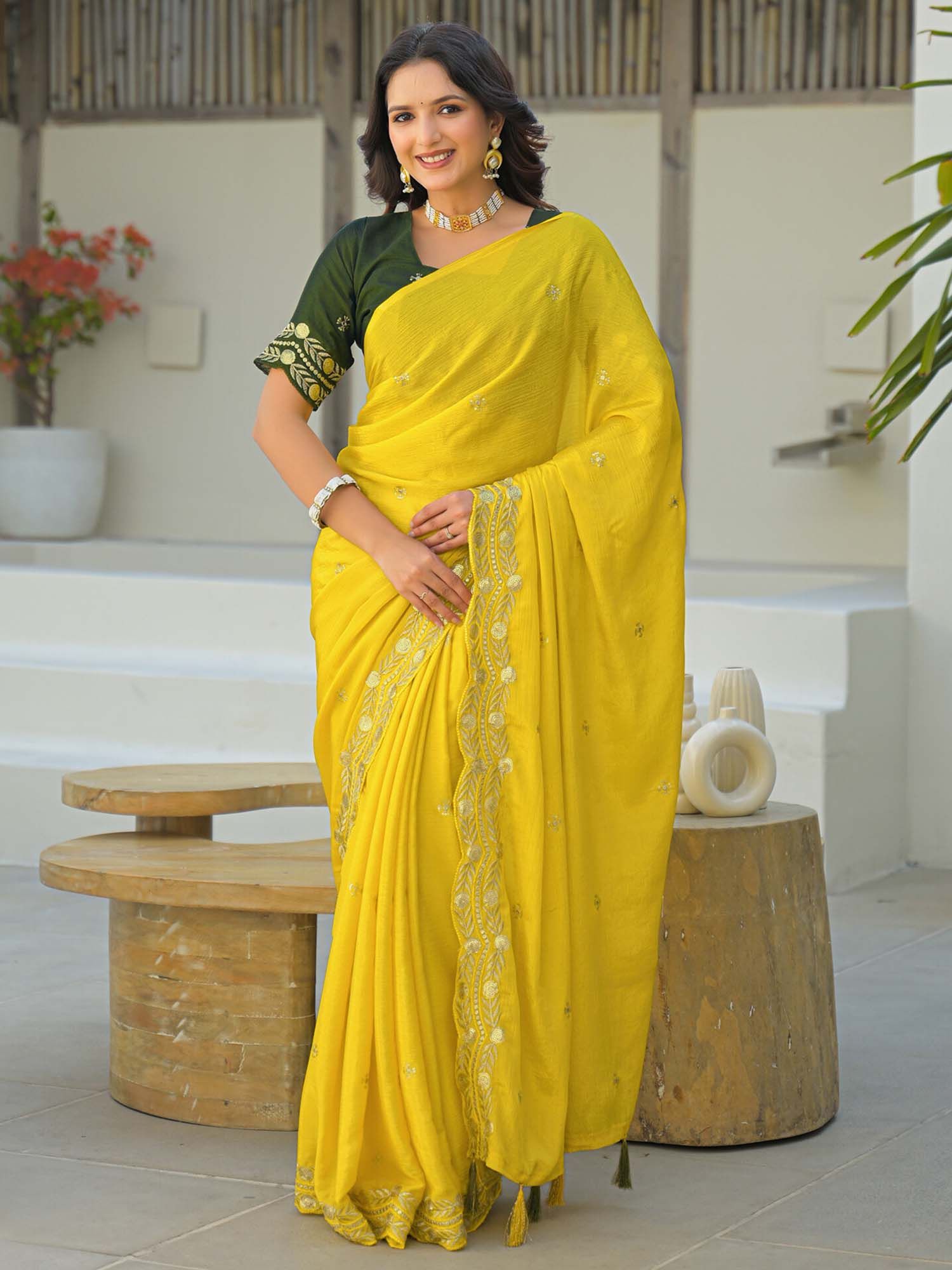 Yellow Sequined Embroidered Chiffon Saree with Unstitched Blouse