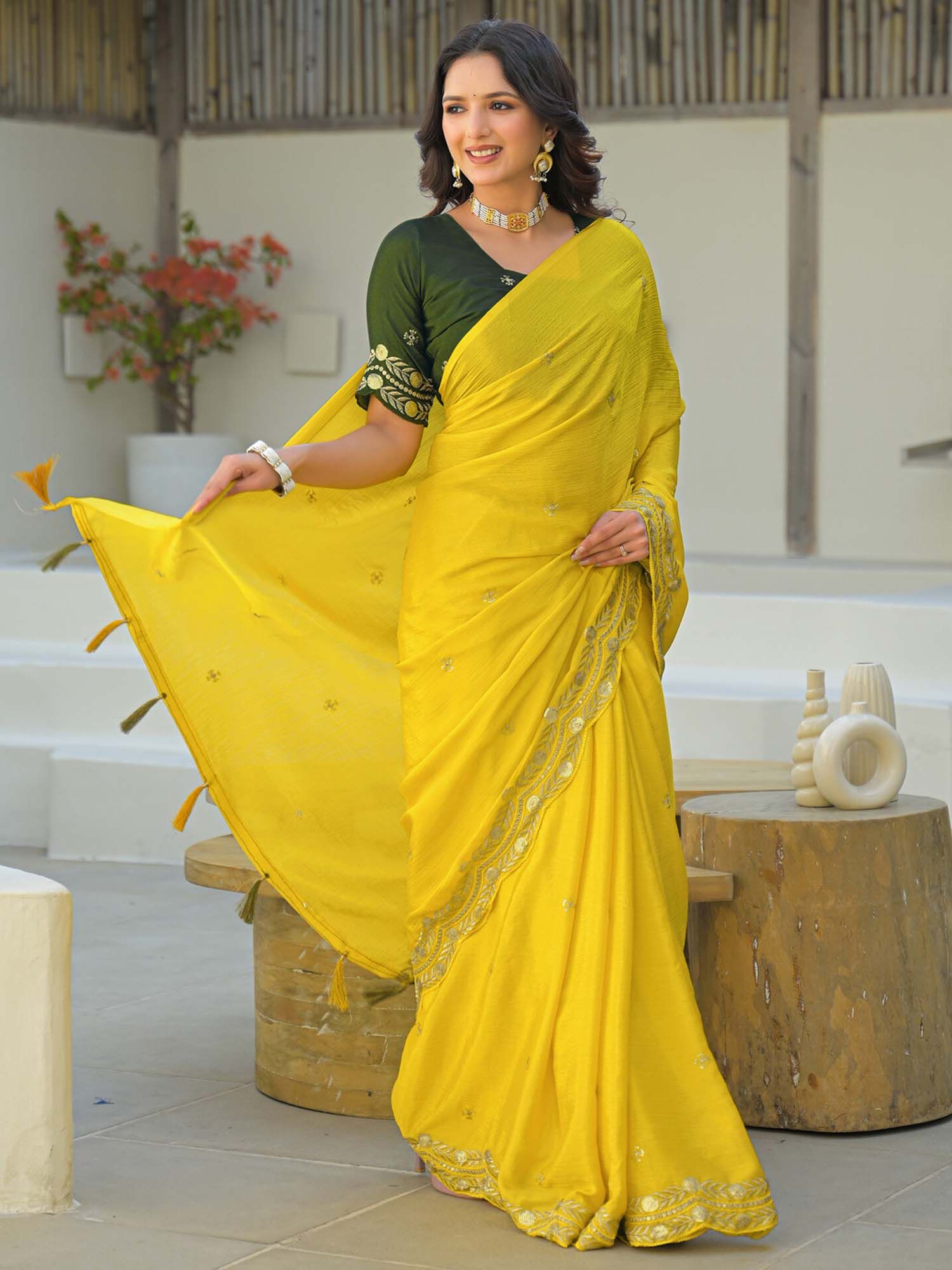Yellow Sequined Embroidered Chiffon Saree with Unstitched Blouse