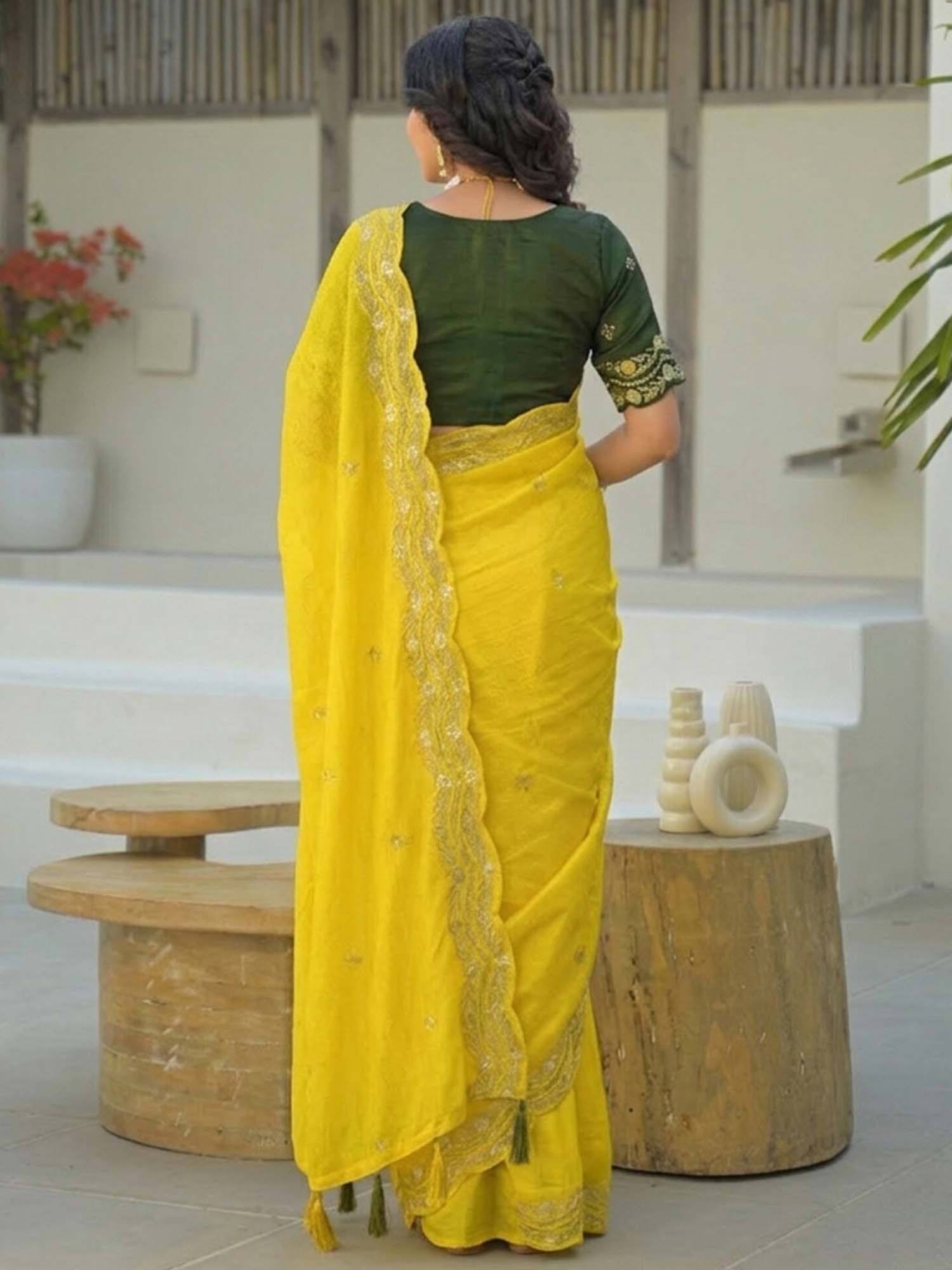 Yellow Sequined Embroidered Chiffon Saree with Unstitched Blouse