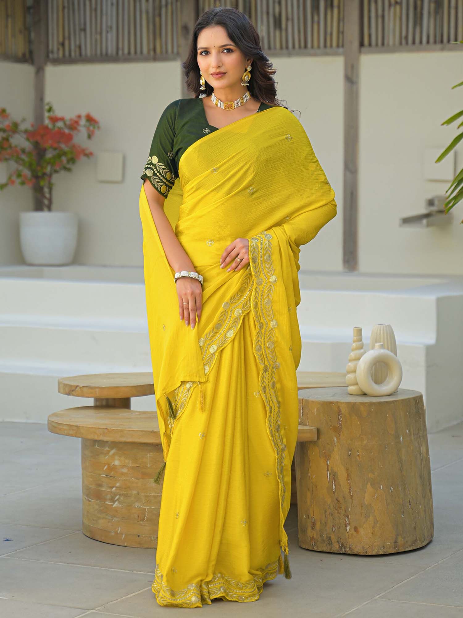 Yellow Sequined Embroidered Chiffon Saree with Unstitched Blouse
