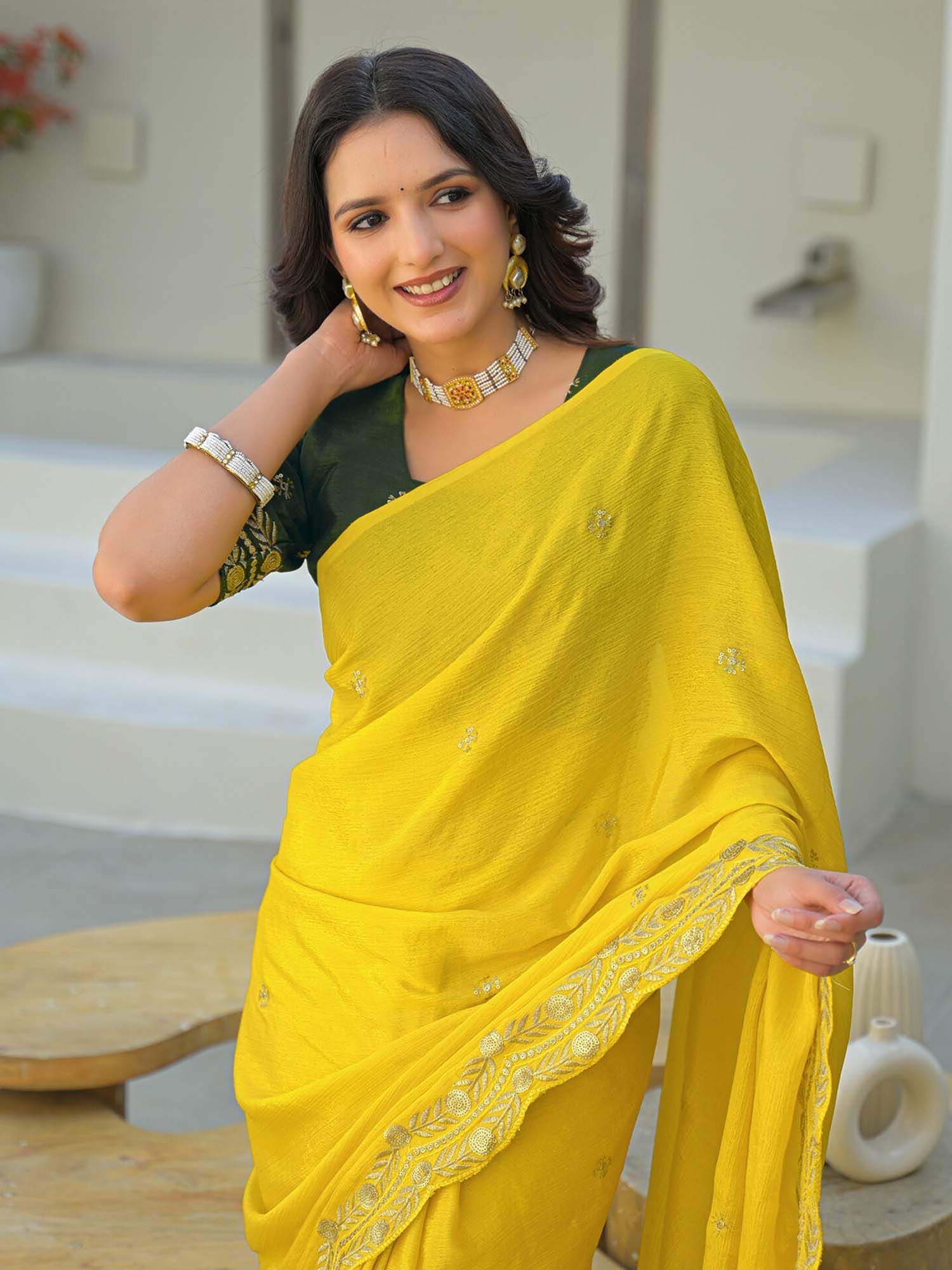 Yellow Sequined Embroidered Chiffon Saree with Unstitched Blouse