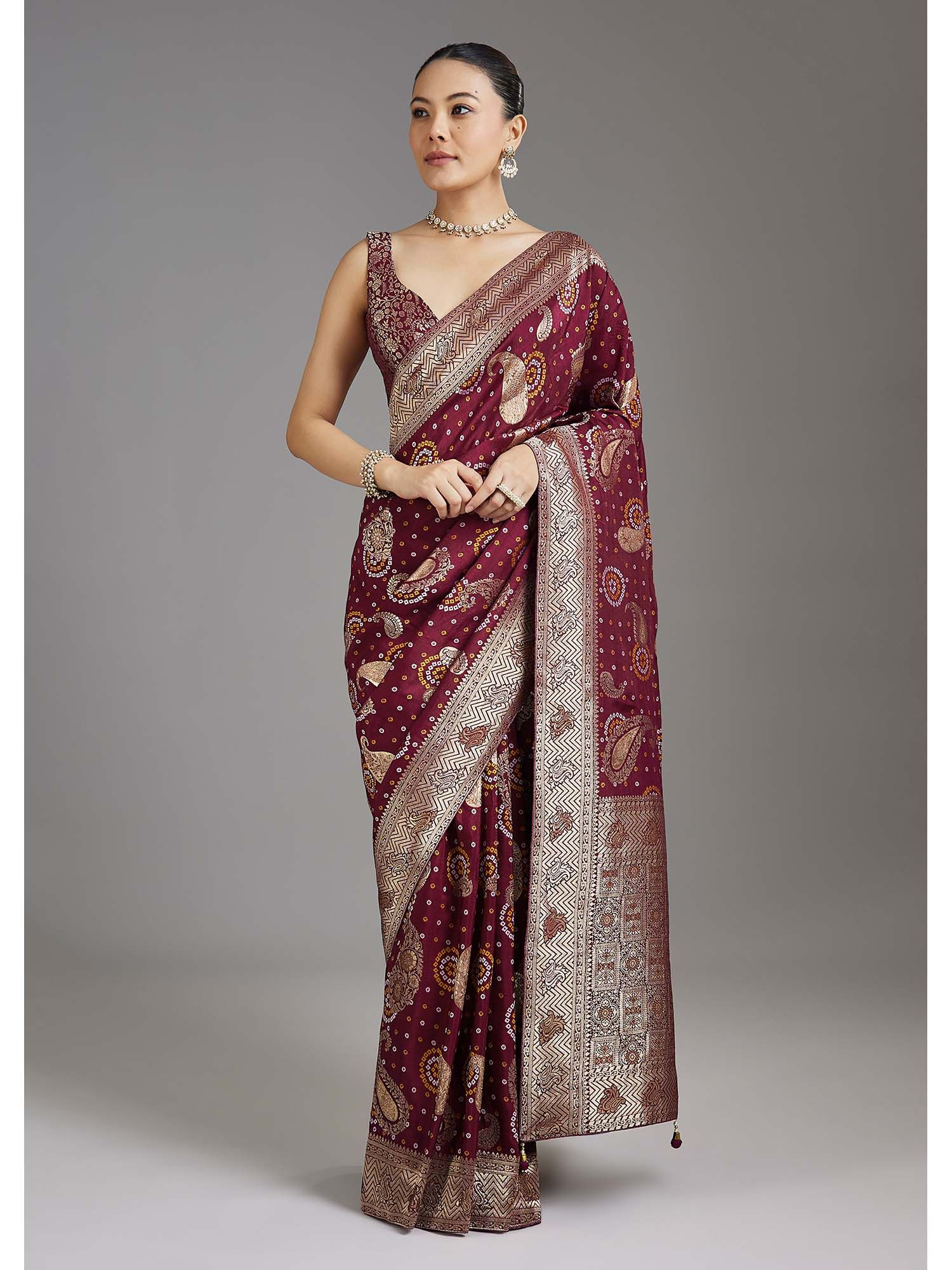 Maroon Woven Bandhani Dola Silk Saree with Unstitched Blouse