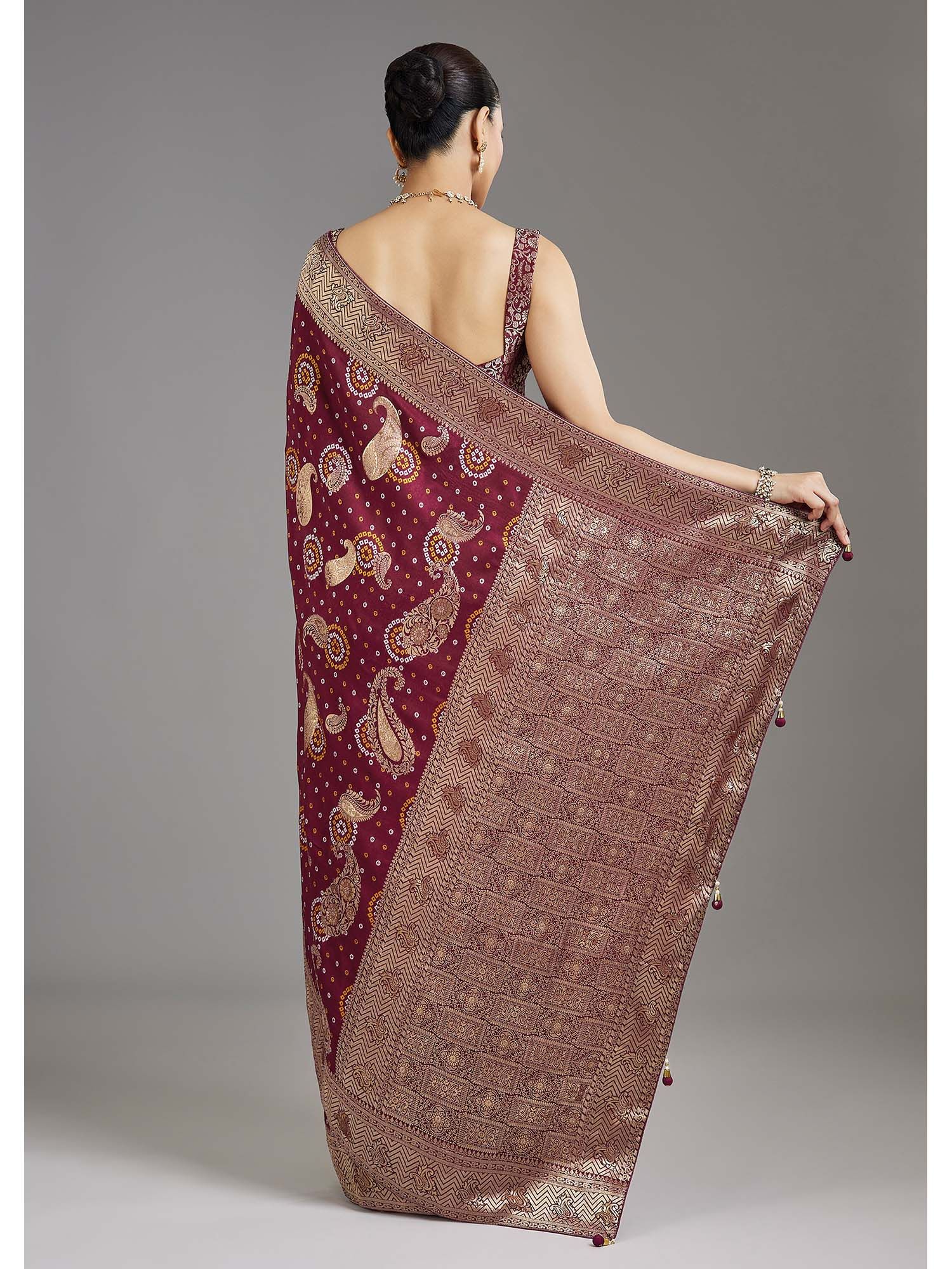 Maroon Woven Bandhani Dola Silk Saree with Unstitched Blouse