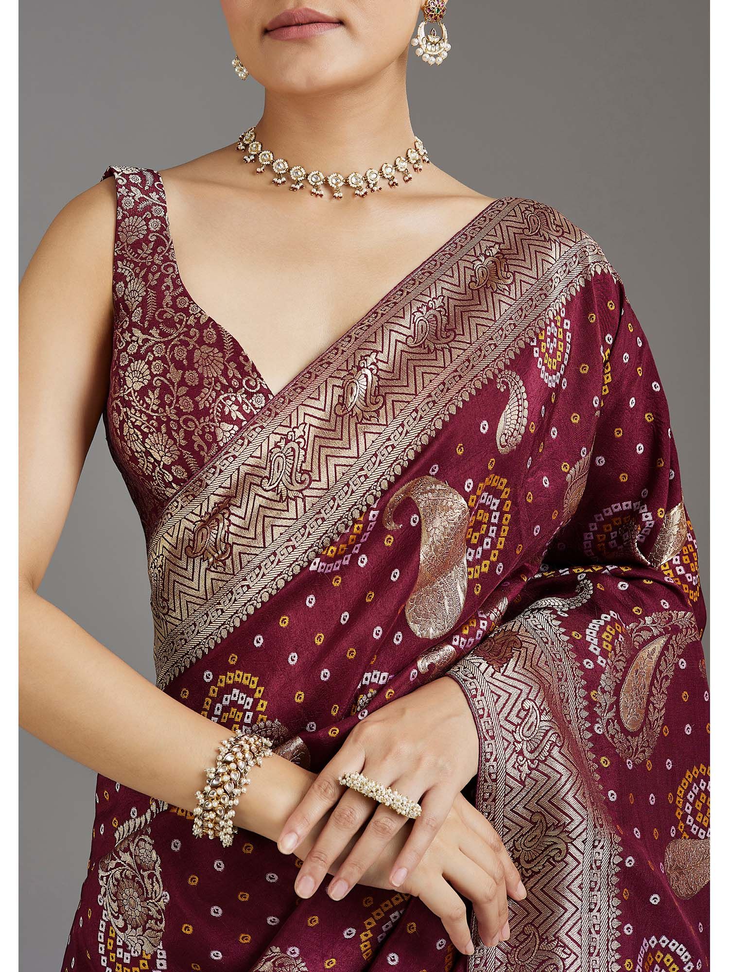 Maroon Woven Bandhani Dola Silk Saree with Unstitched Blouse
