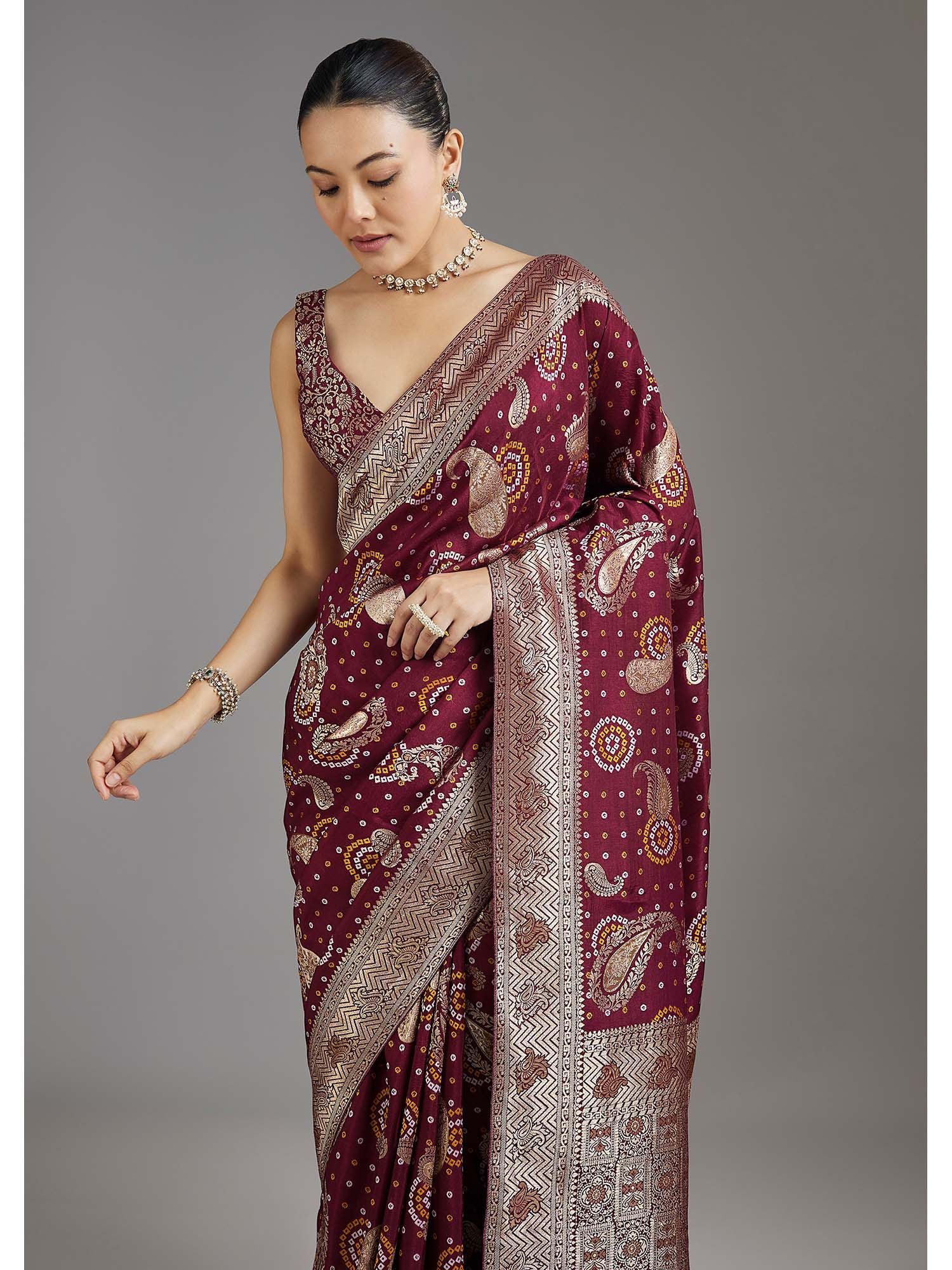 Maroon Woven Bandhani Dola Silk Saree with Unstitched Blouse