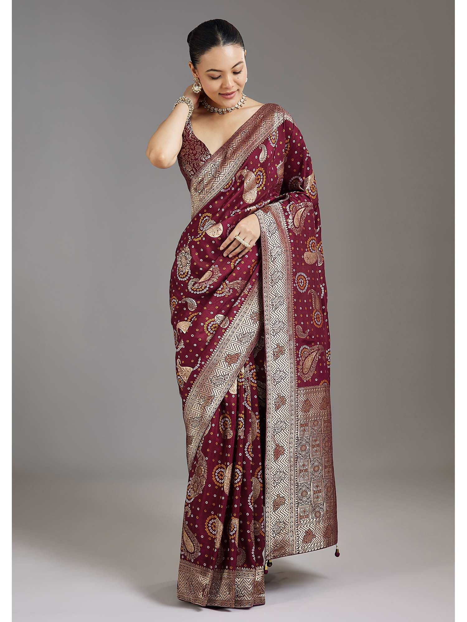 Maroon Woven Bandhani Dola Silk Saree with Unstitched Blouse