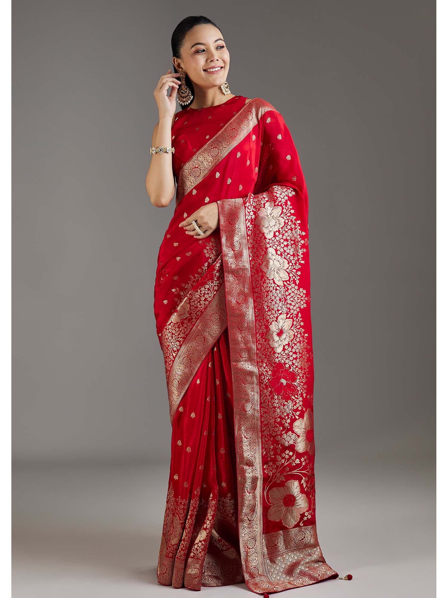 Red Dola Silk Floral Woven Saree with Unstitched Blouse